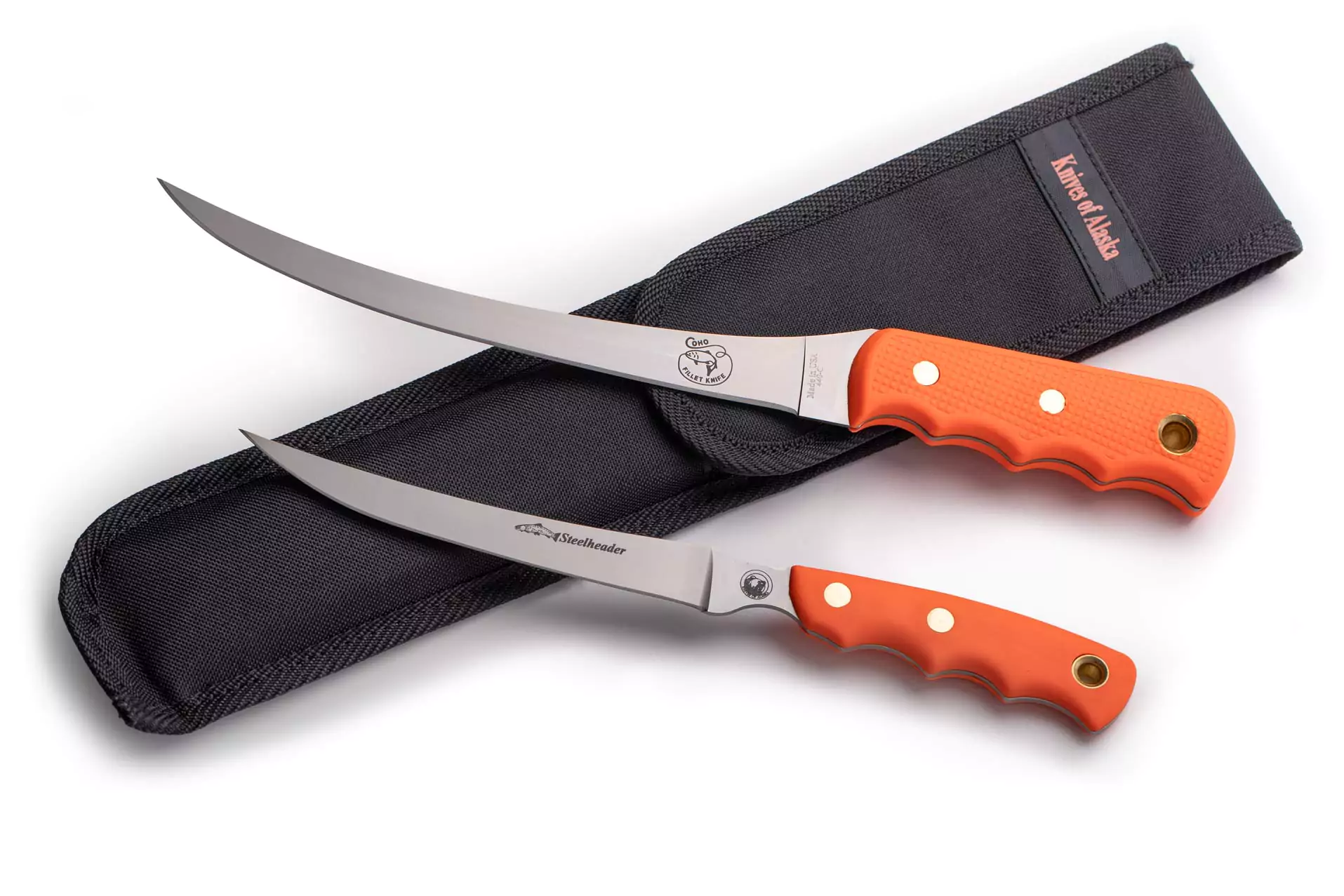 Fisherman's Combo with Coho and Steelheader knives in Kydex-lined Cordura nylon sheath