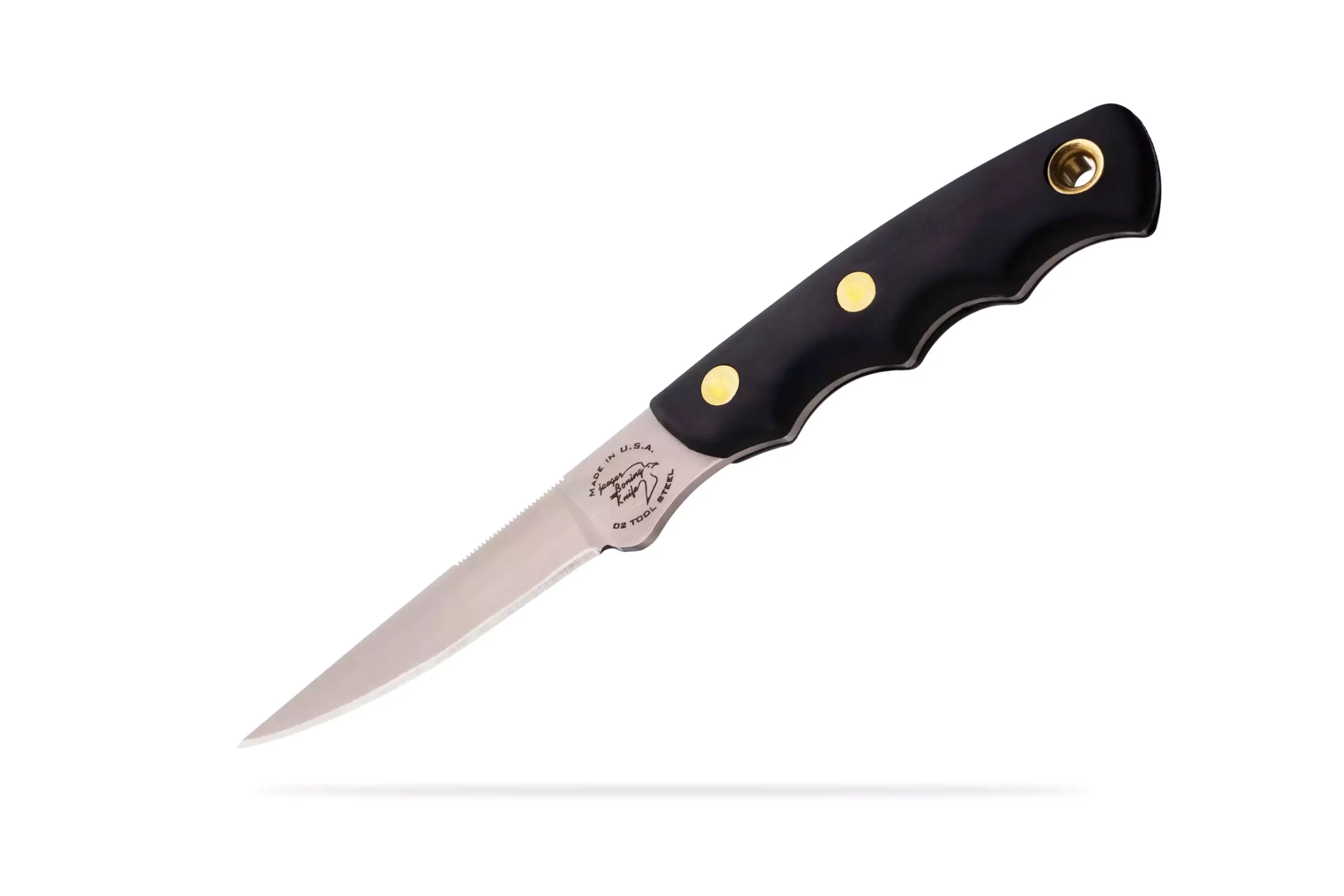 Jaeger boning knife with black Suregrip handle angled view