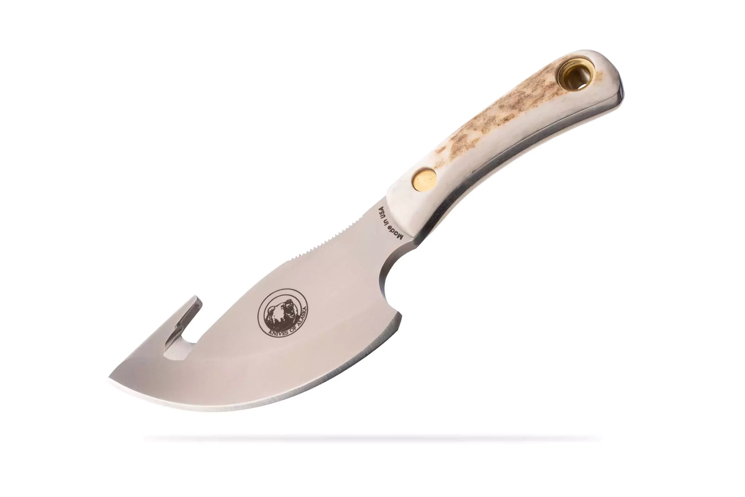 Light Hunter knife with gut hook and stag handle, side profile