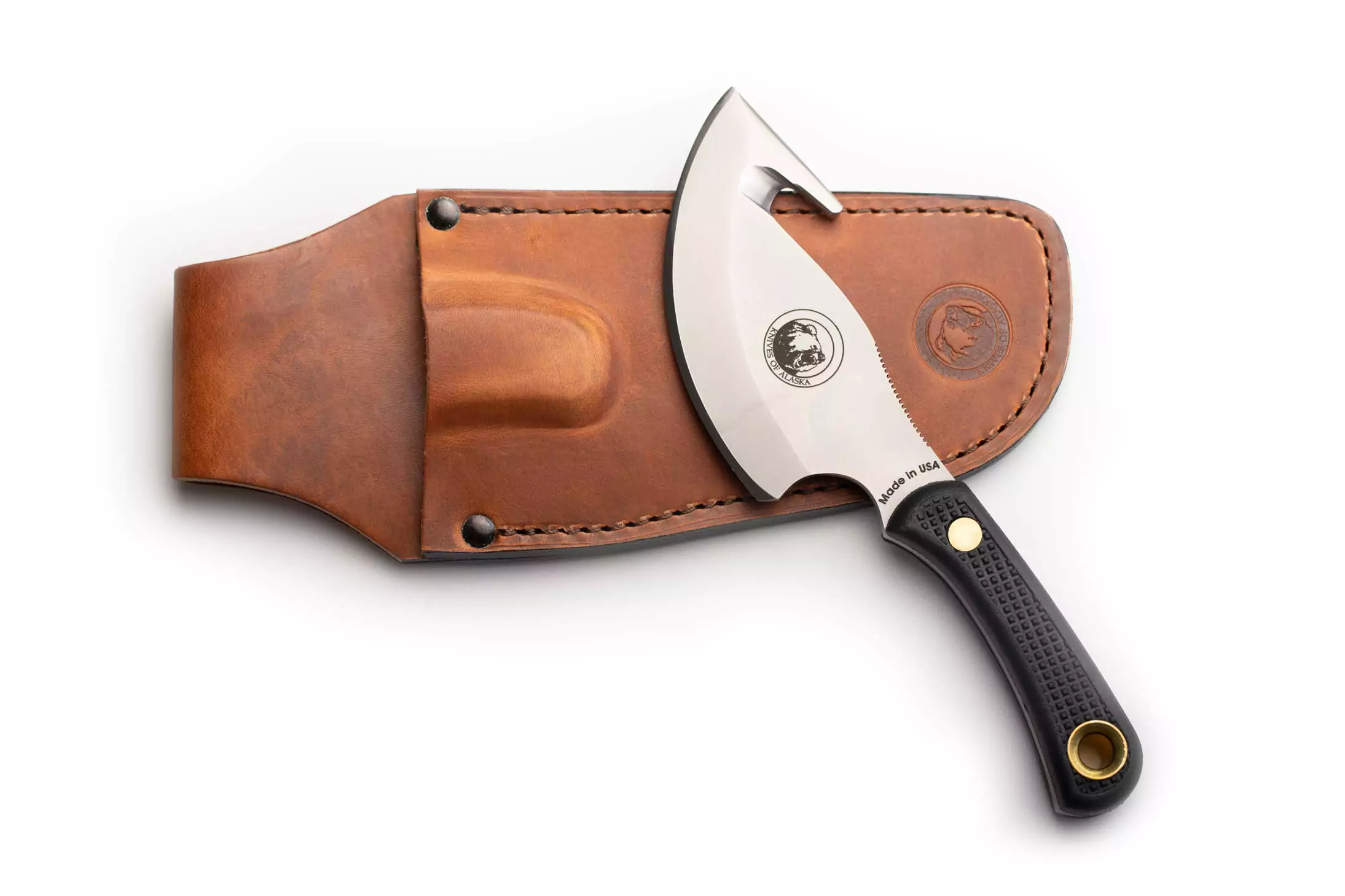 Light Hunter knife with gut hook and stag handle, side profile