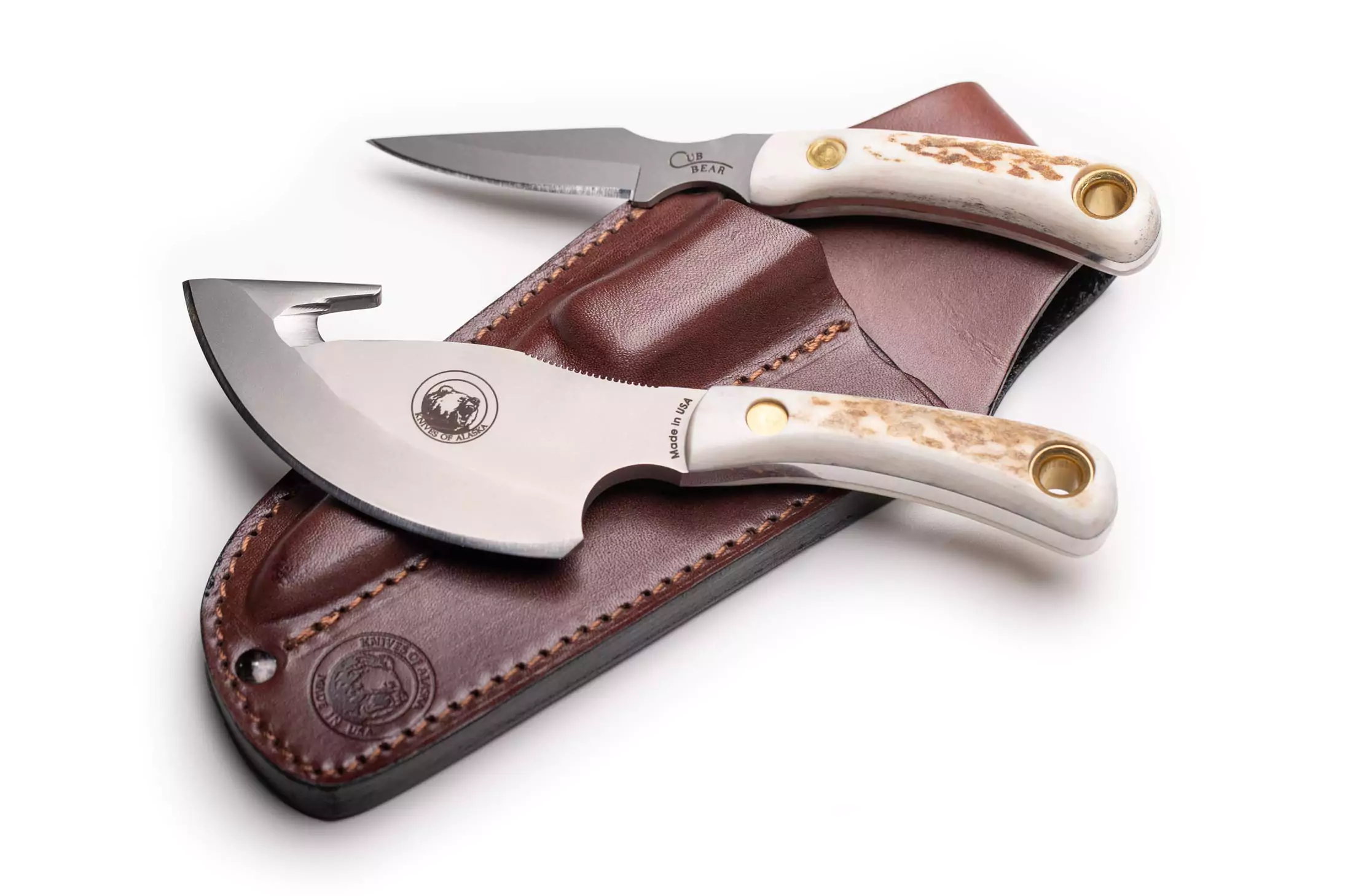 Knives of Alaska Light Hunter and Cub Bear combo with stag handles and gut hook