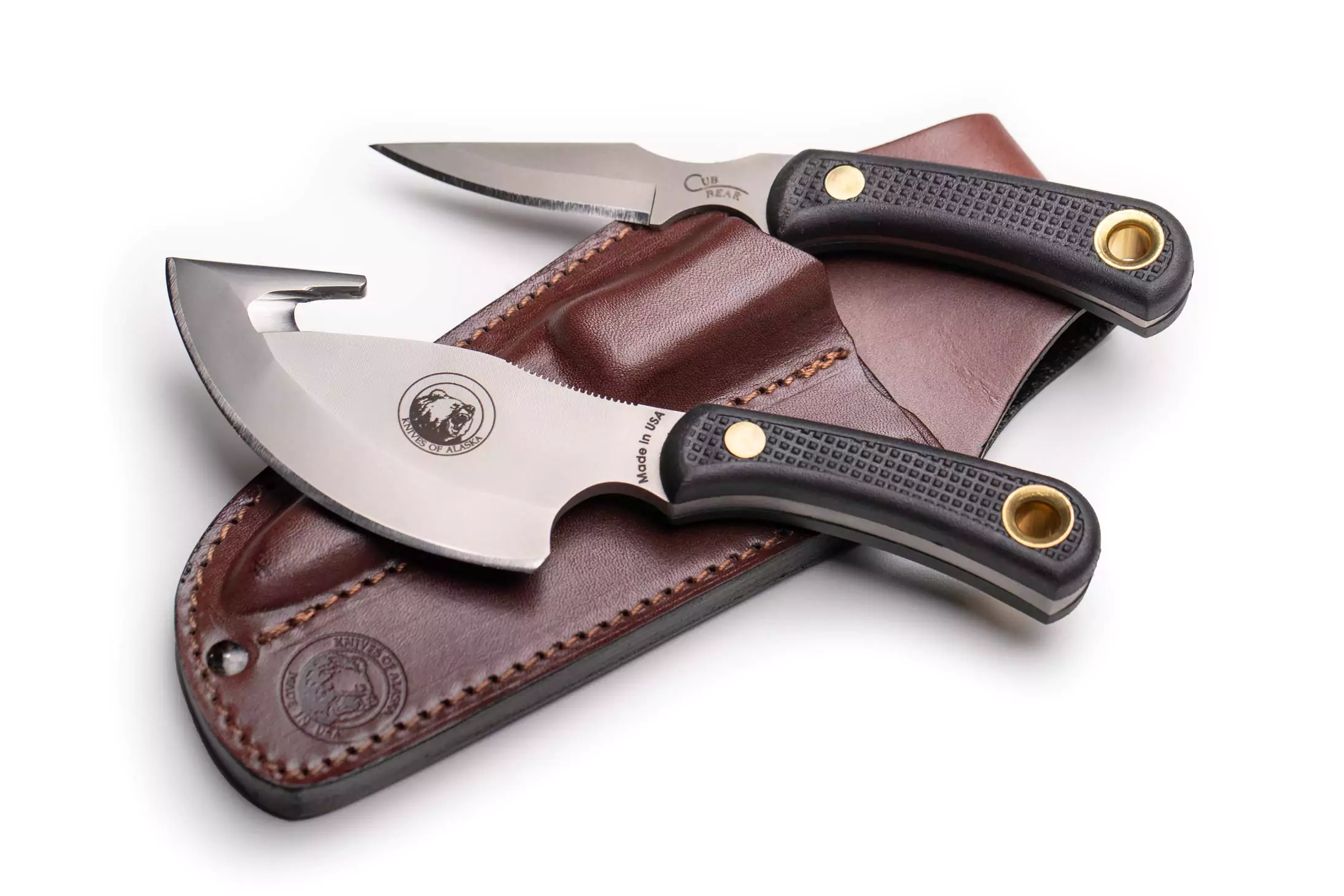 Knives of Alaska Light Hunter and Cub Bear combo with stag handles and gut hook