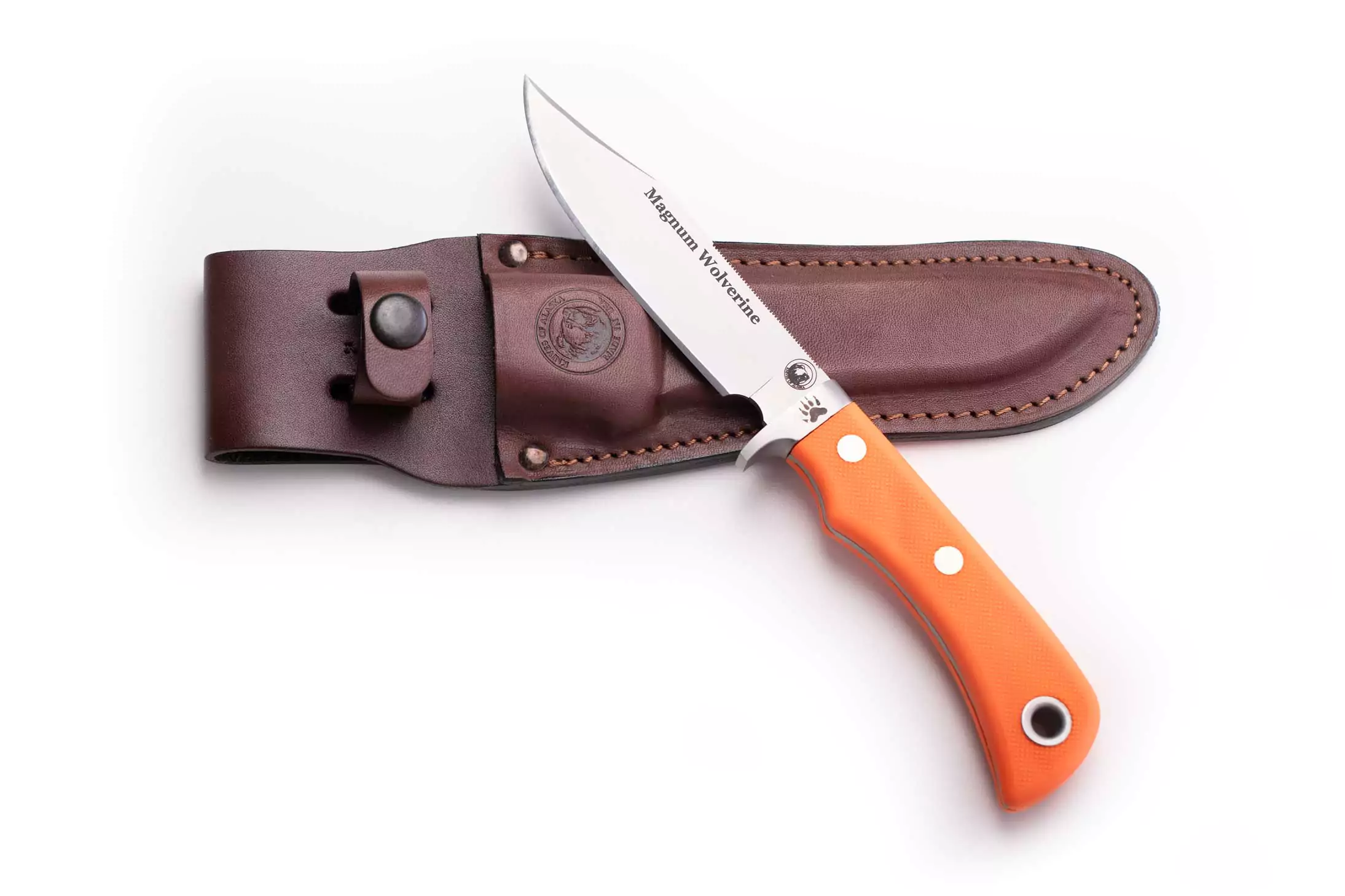 Magnum Wolverine knife with orange Suregrip handle and leather sheath