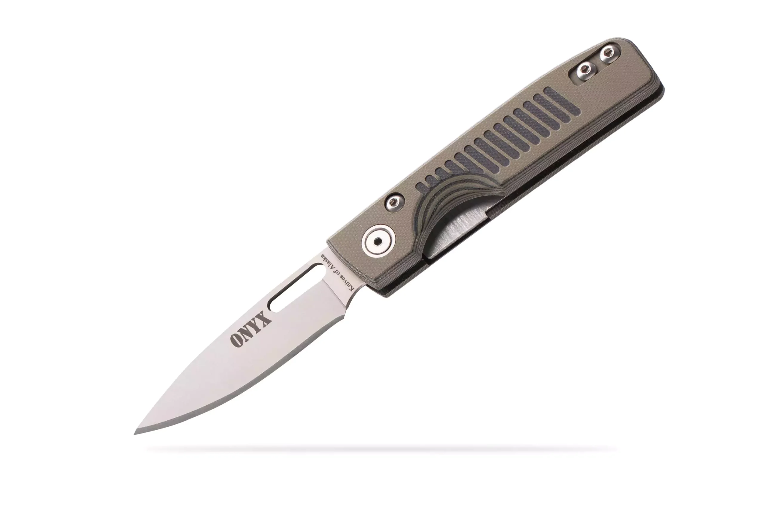 Onyx liner lock knife open with OD green G10 handle and MagnaCut blade