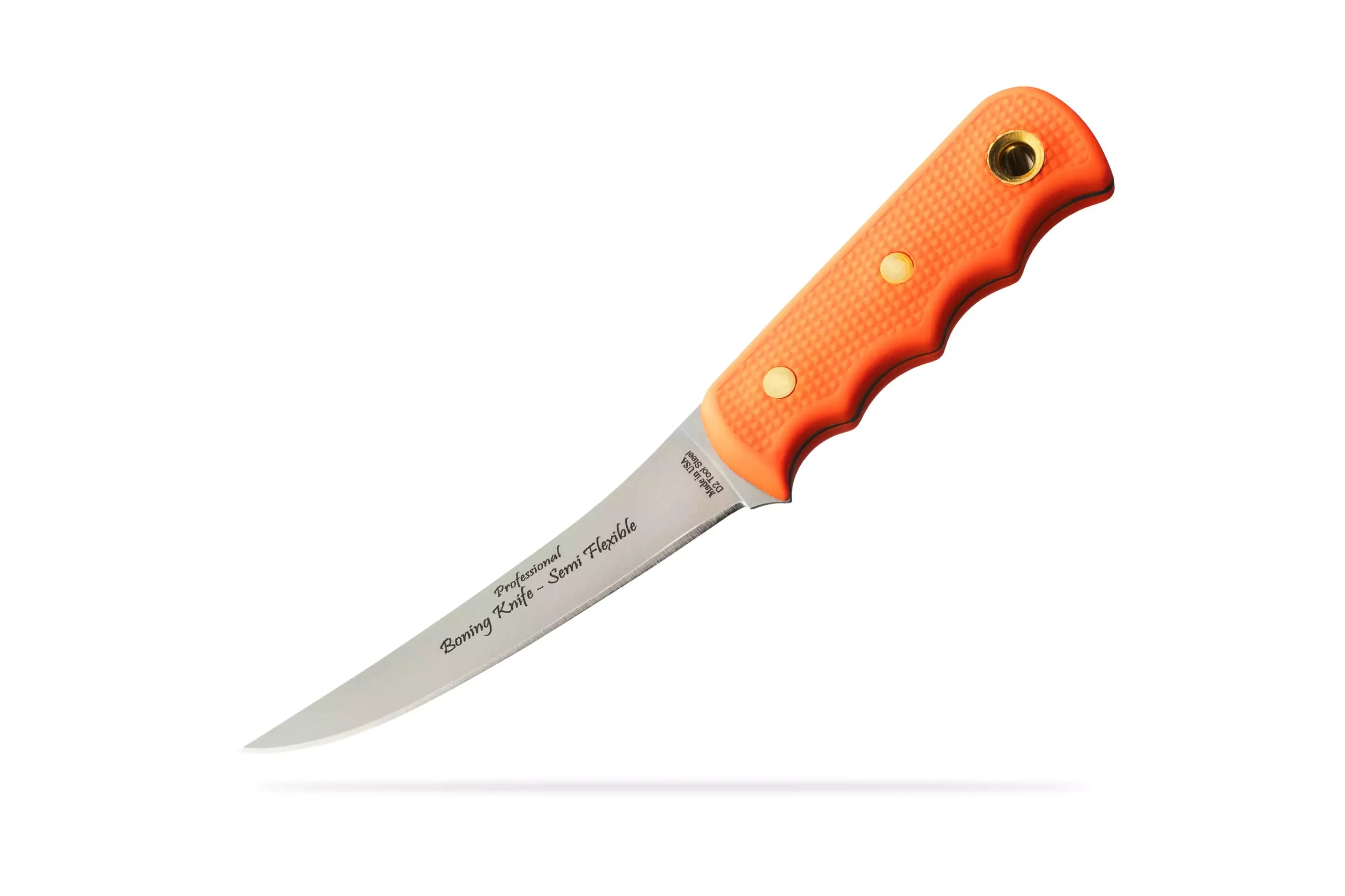 Professional boning knife with semi-flexible blade and textured orange SureGrip handle