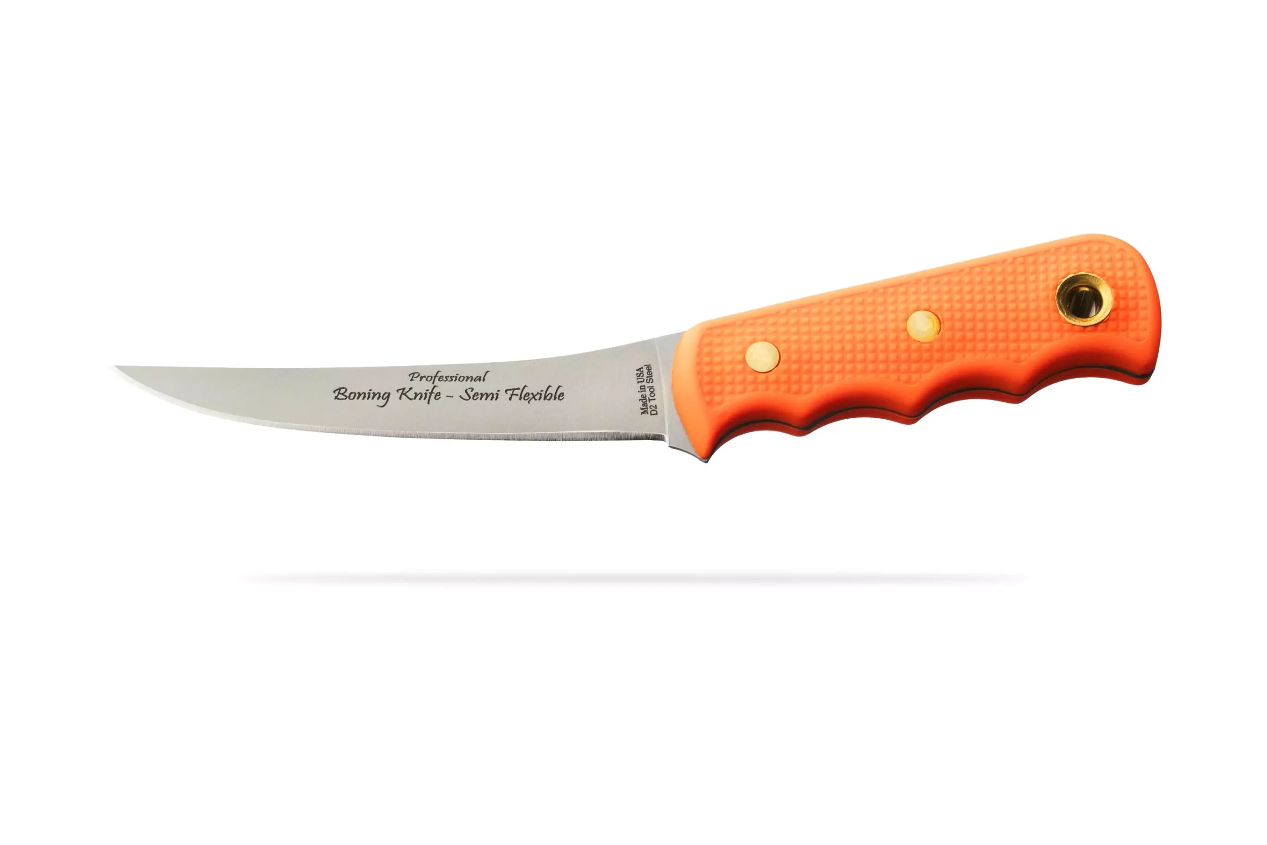 Professional boning knife with semi-flexible blade and textured orange SureGrip handle