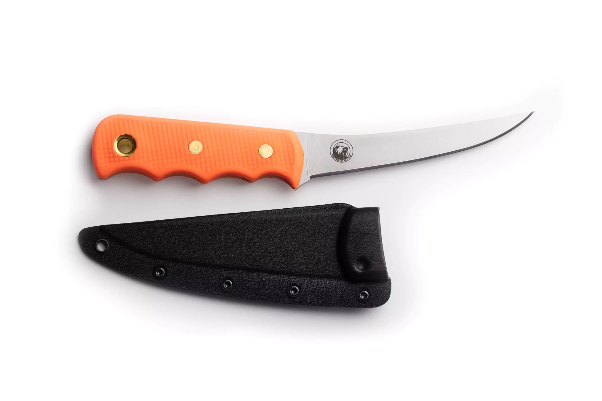 Professional boning knife with semi-flexible blade and SureGrip orange handle, alongside black sheath