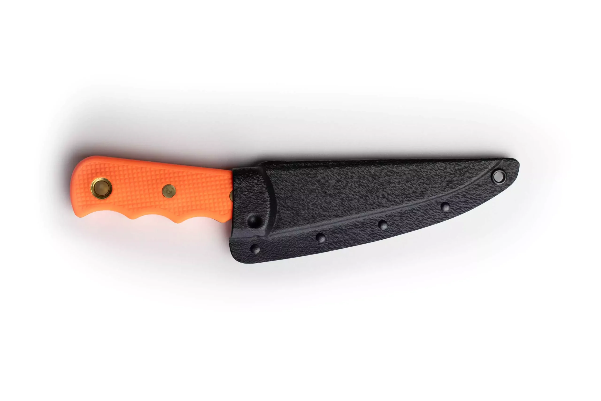 Professional boning knife with semi-flexible blade and SureGrip orange handle in black sheath