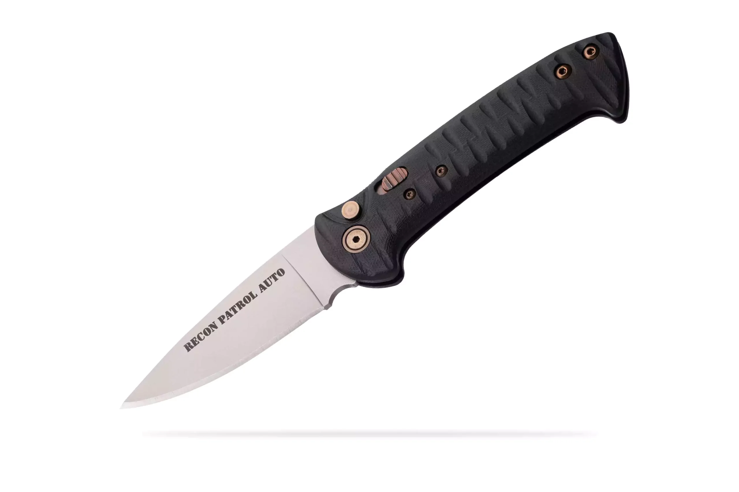 Recon Patrol Auto knife fully deployed with textured black G10 handle