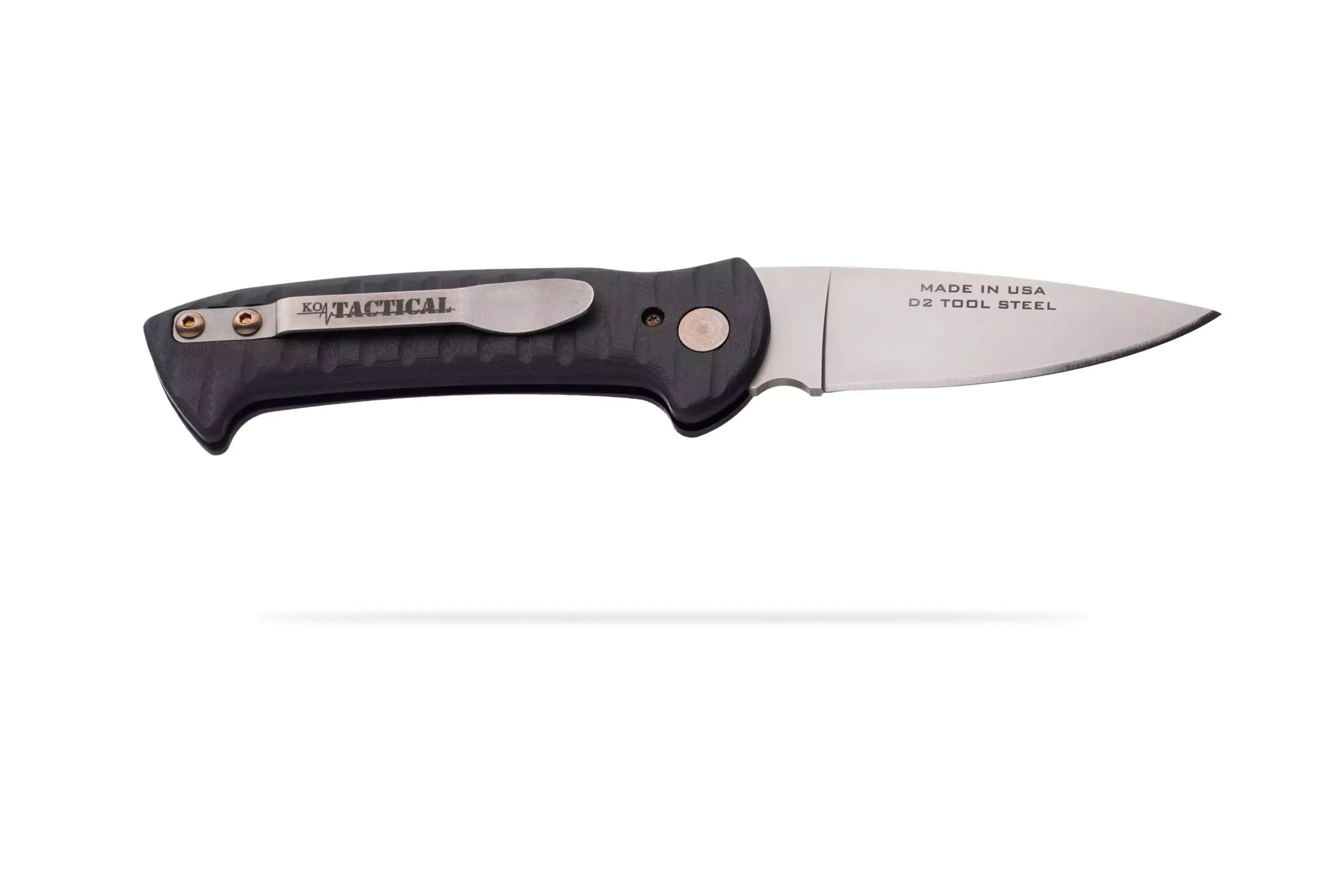 Recon Patrol Auto knife showing D2 tool steel blade and black G10 handle