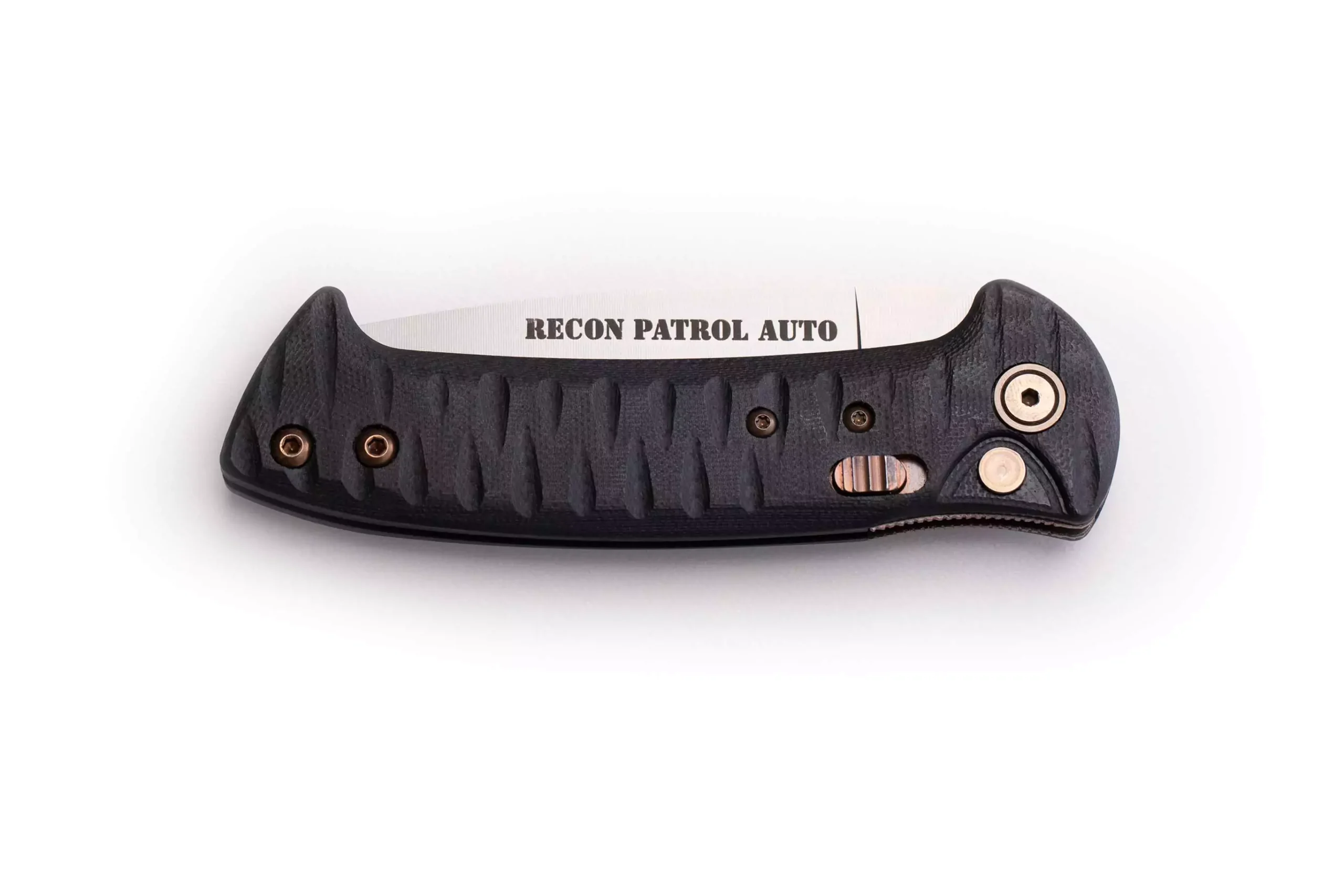 Recon Patrol Auto knife partially folded, showcasing textured G10 handle and blade