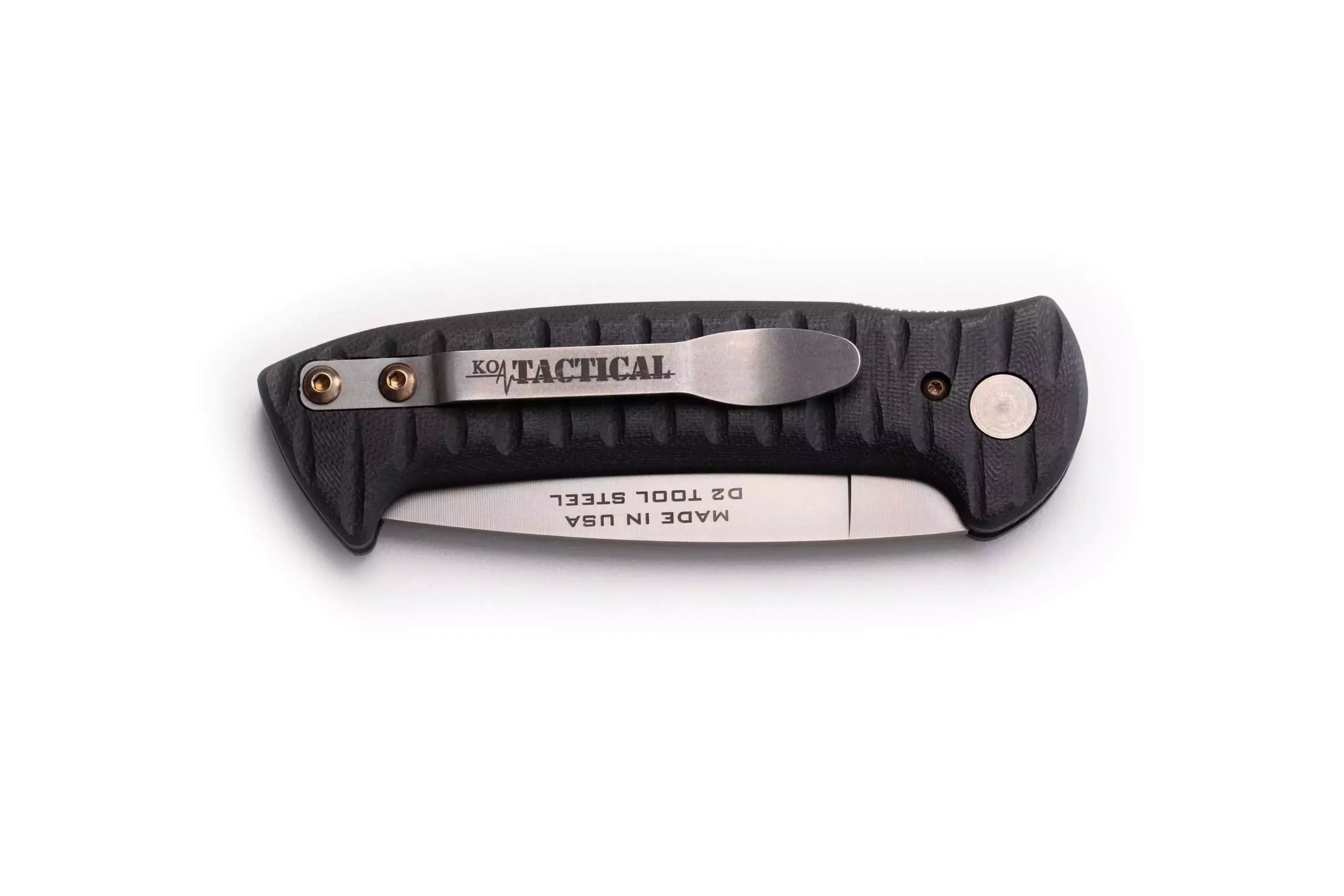 Recon Patrol Auto knife folded, showing KOA Tactical pocket clip and D2 tool steel blade