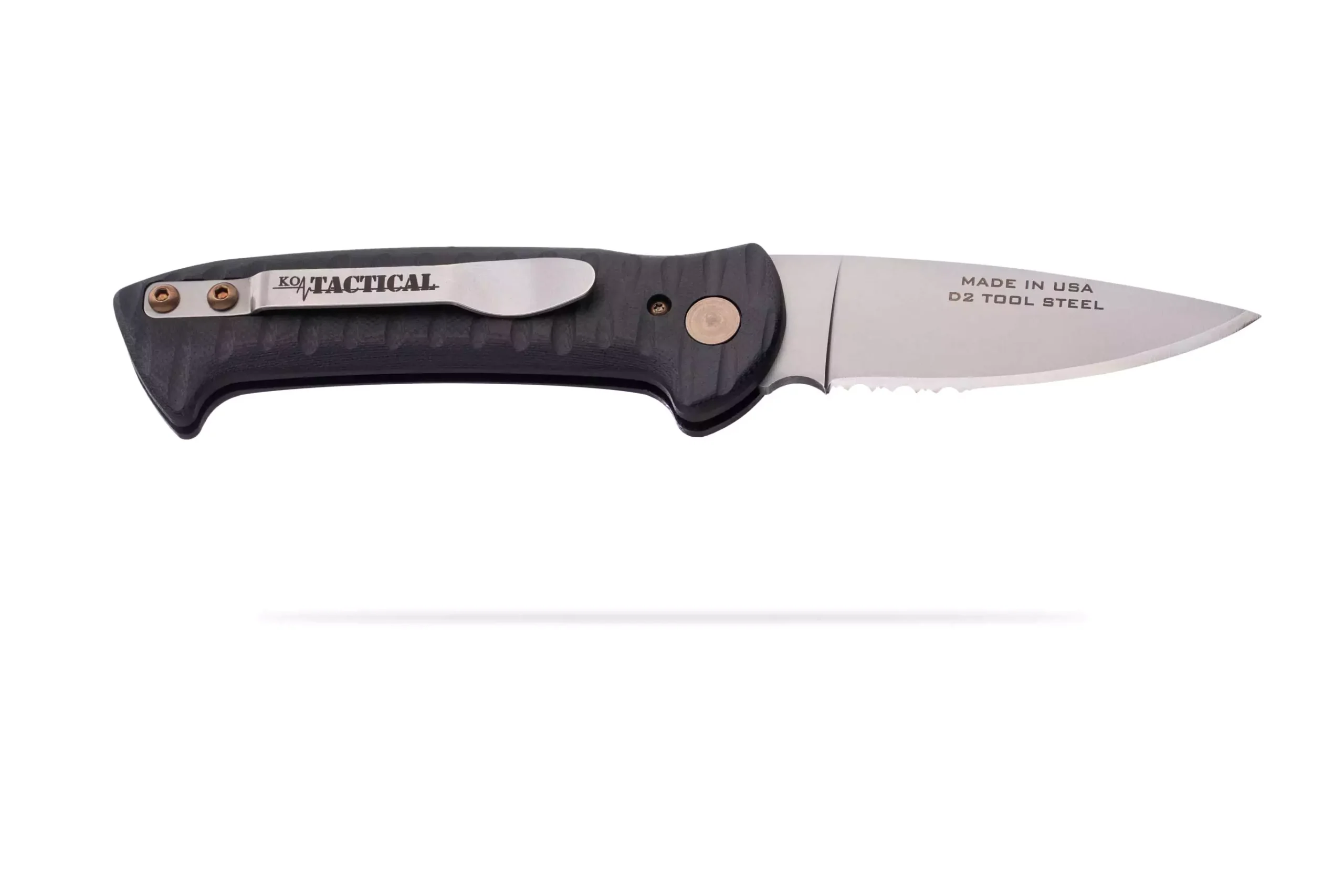 Recon Patrol Auto knife with black G10 handle and D2 tool steel partially serrated blade