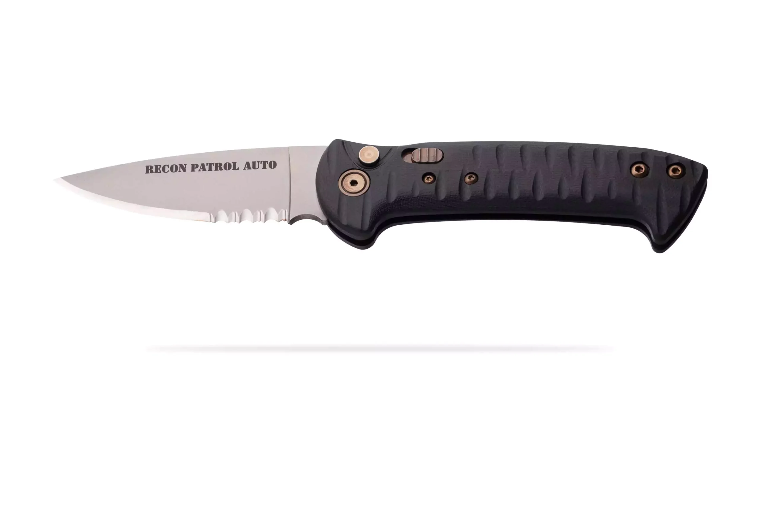 Recon Patrol Auto knife with black G10 handle and partially serrated blade