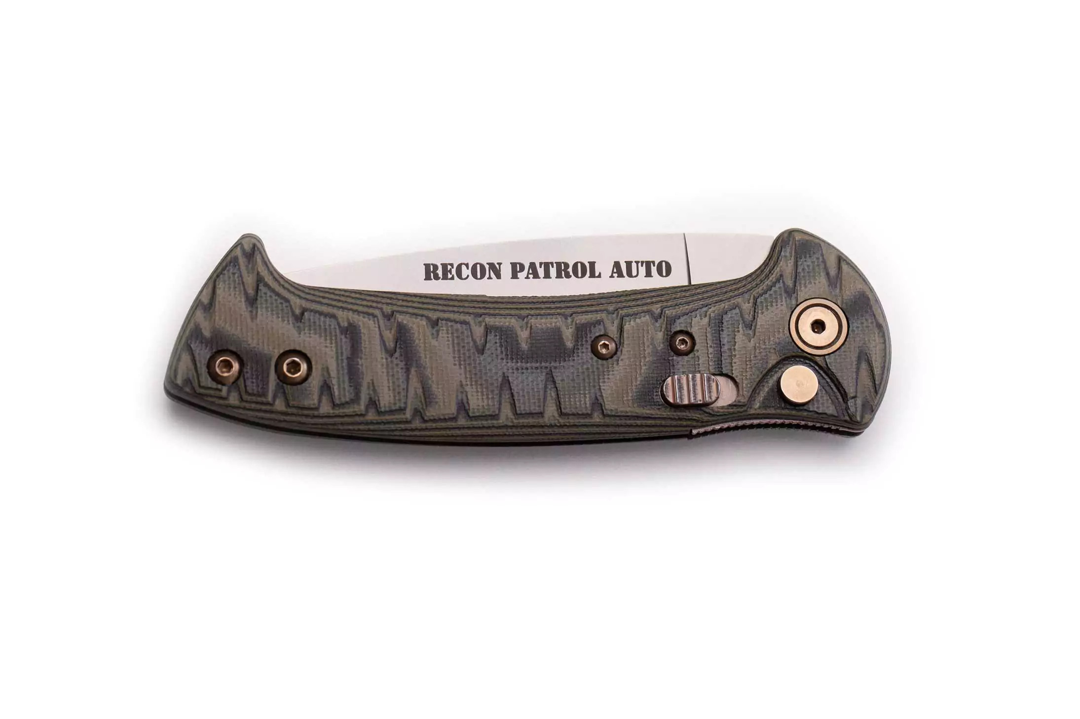 Folded Recon Patrol Auto knife with exposed blade and textured G10 handle