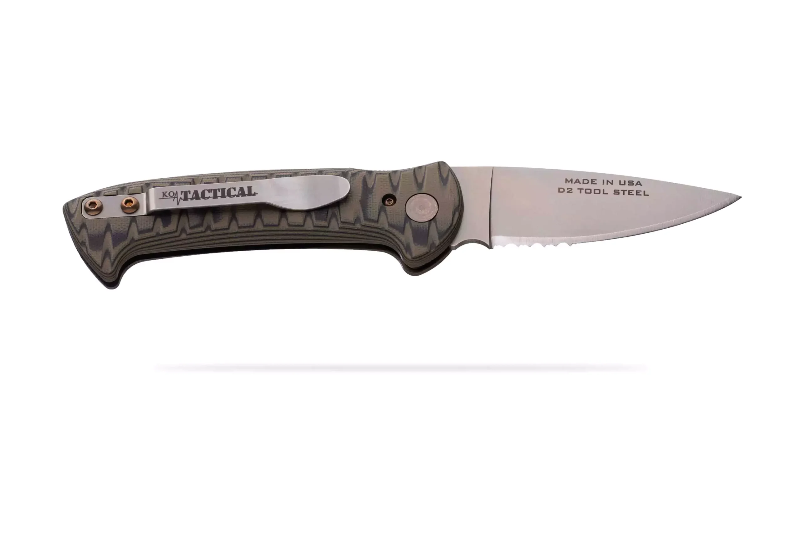 Recon Patrol Auto knife with partially serrated D2 tool steel blade and G10 handle