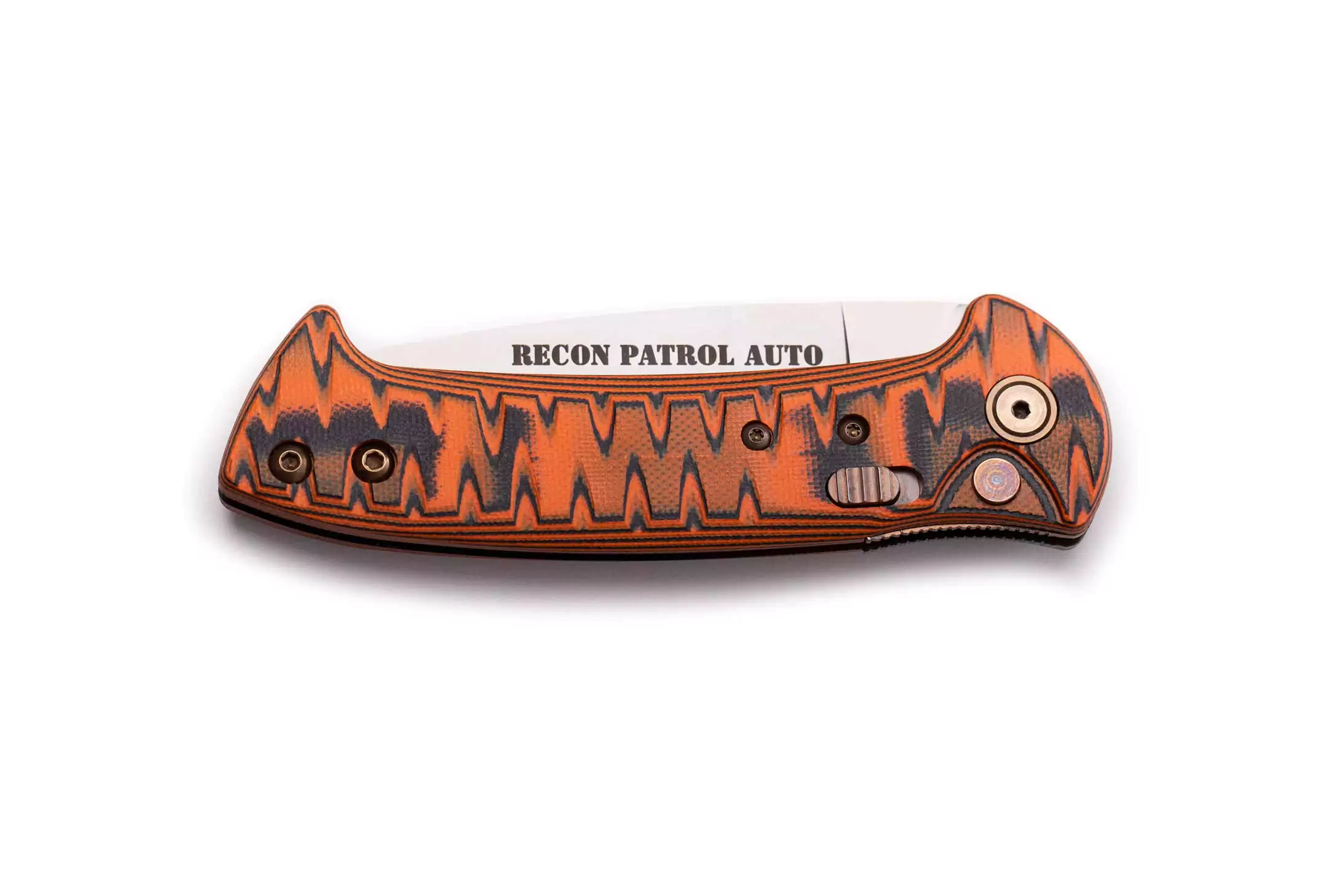 Folded Recon Patrol Auto knife with D2 tool steel blade and G10 handle featuring a KOA Tactical clip