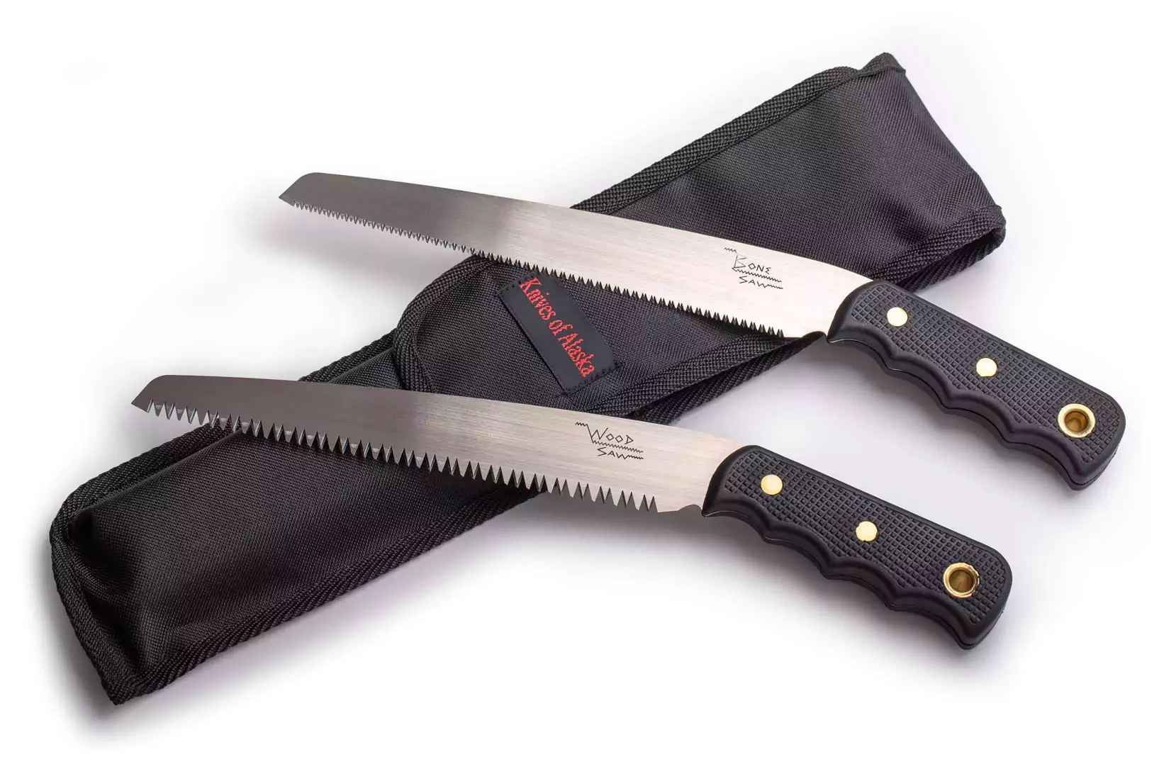 Knives of Alaska wood saw and bone saw with SureGrip handles and sheath