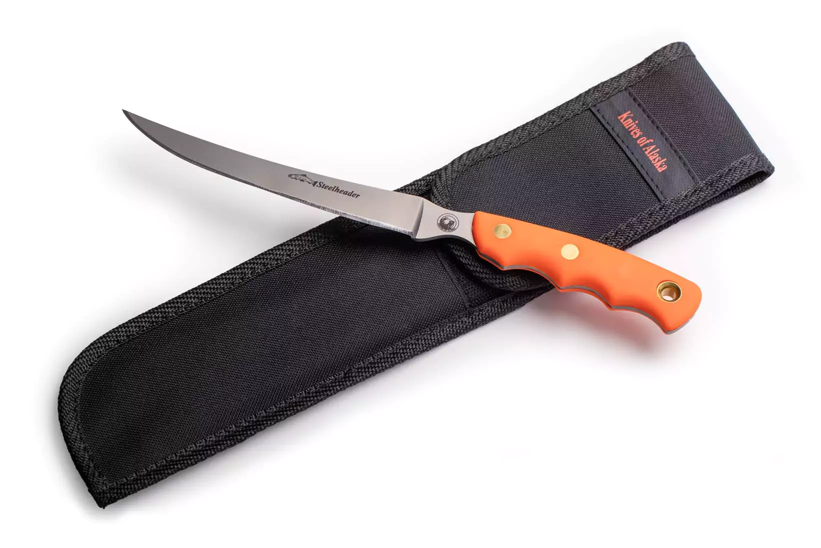 Steelheader fillet knife with orange SureGrip handle and 440-C stainless steel blade on sheath.