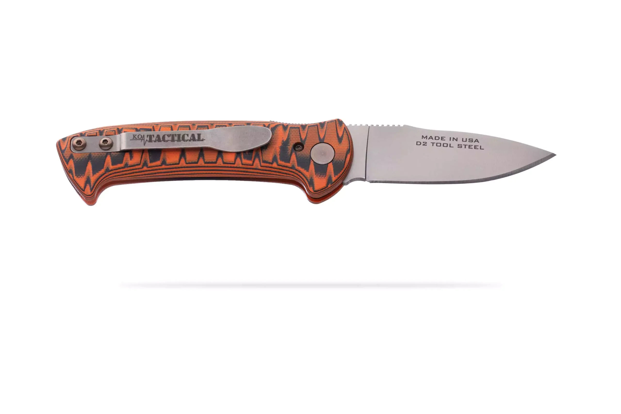 Strike Force Auto knife with orange and black G10 handle, plain edge blade, and KOA Tactical clip, shown fully open.