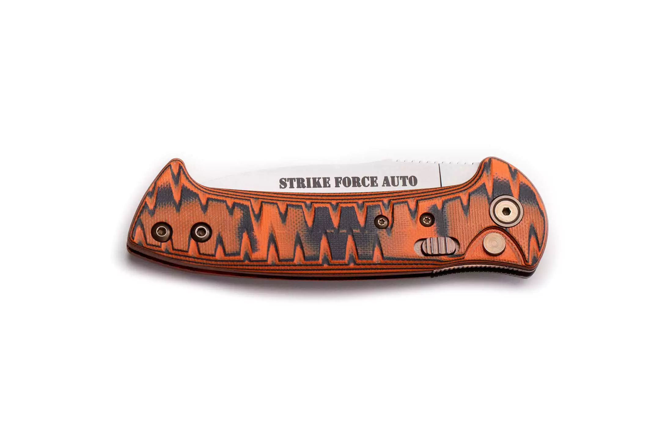 Folded Strike Force Auto knife with orange and black G10 handle and plain edge blade, featuring KOA Tactical pocket clip.