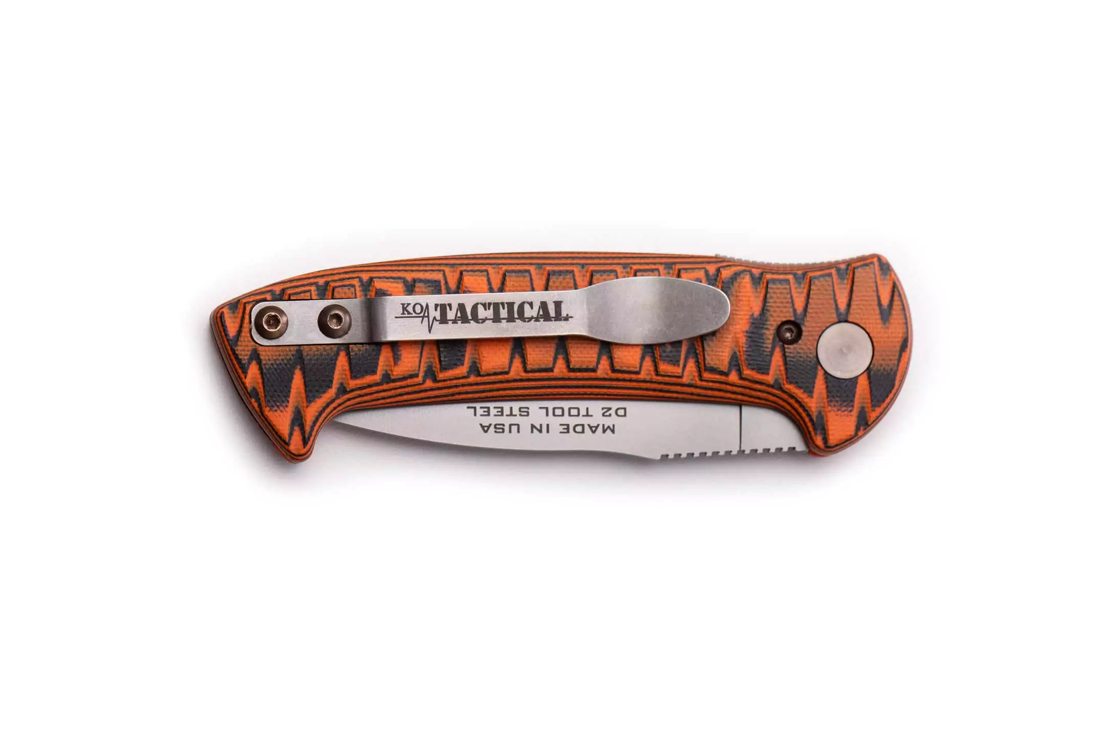 Folded Strike Force Auto knife with orange and black G10 handle and plain edge blade, featuring KOA Tactical pocket clip.