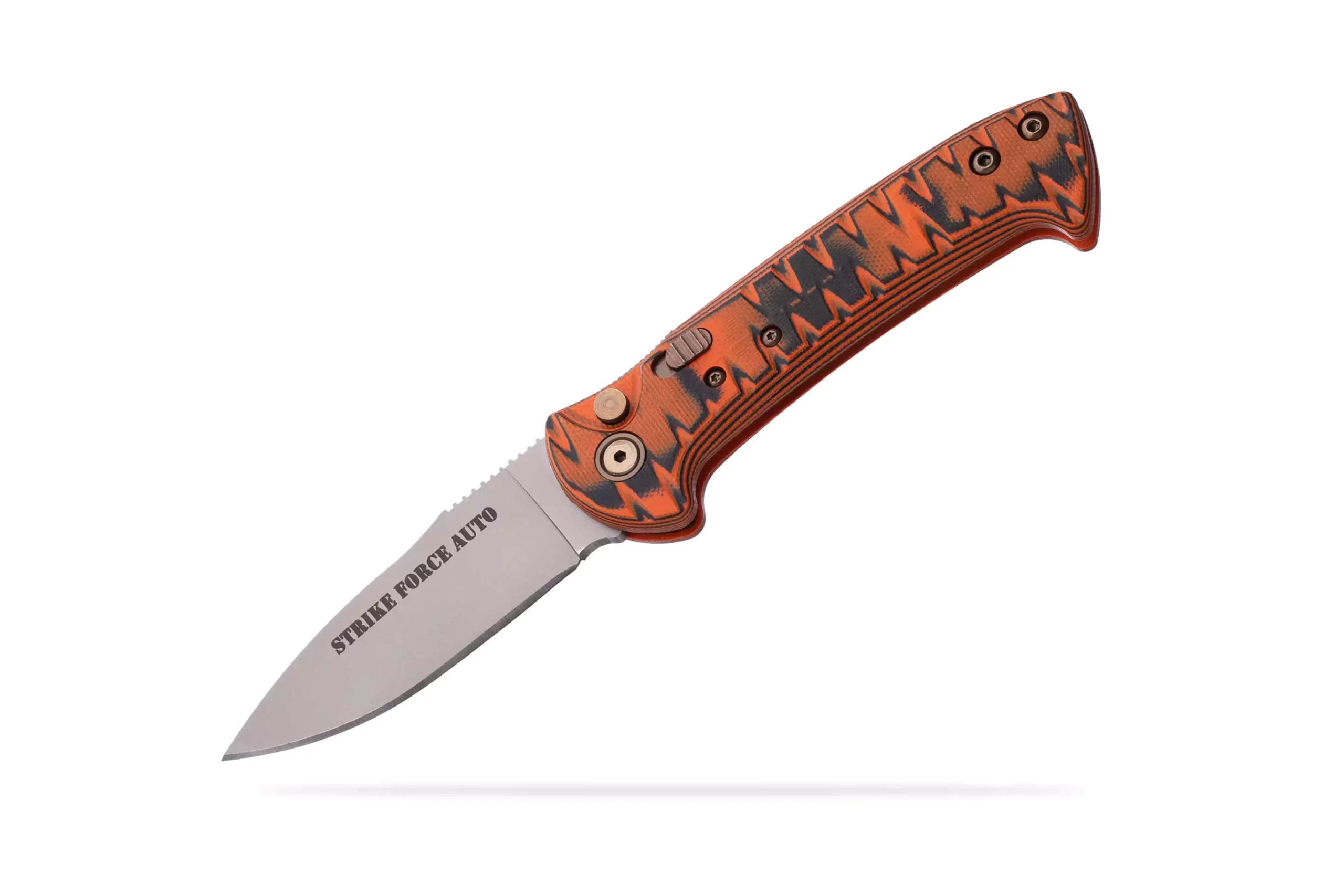 Strike Force Auto knife with orange and black G10 handle and plain edge blade
