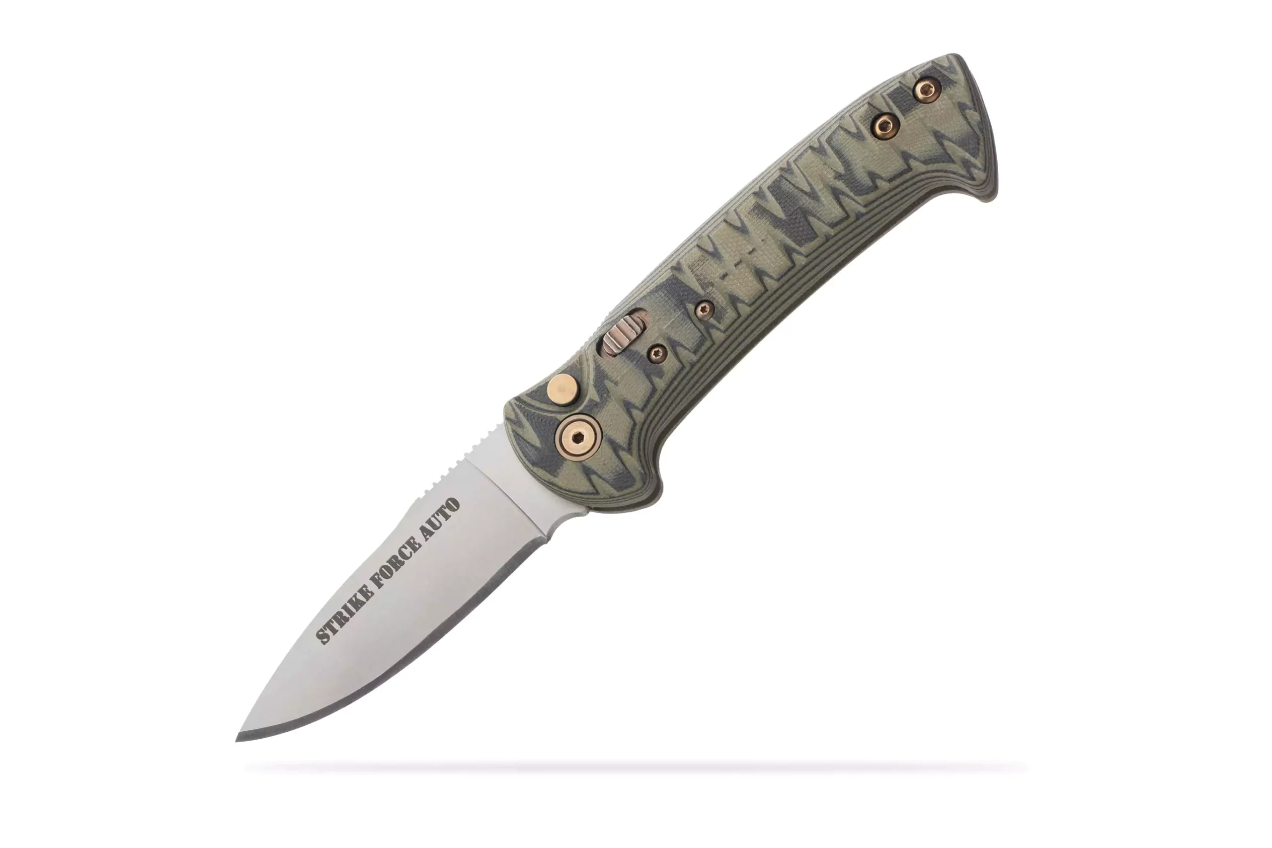 Strike Force Auto knife with green and black G10 handle and plain edge blade, displayed at an angled view.