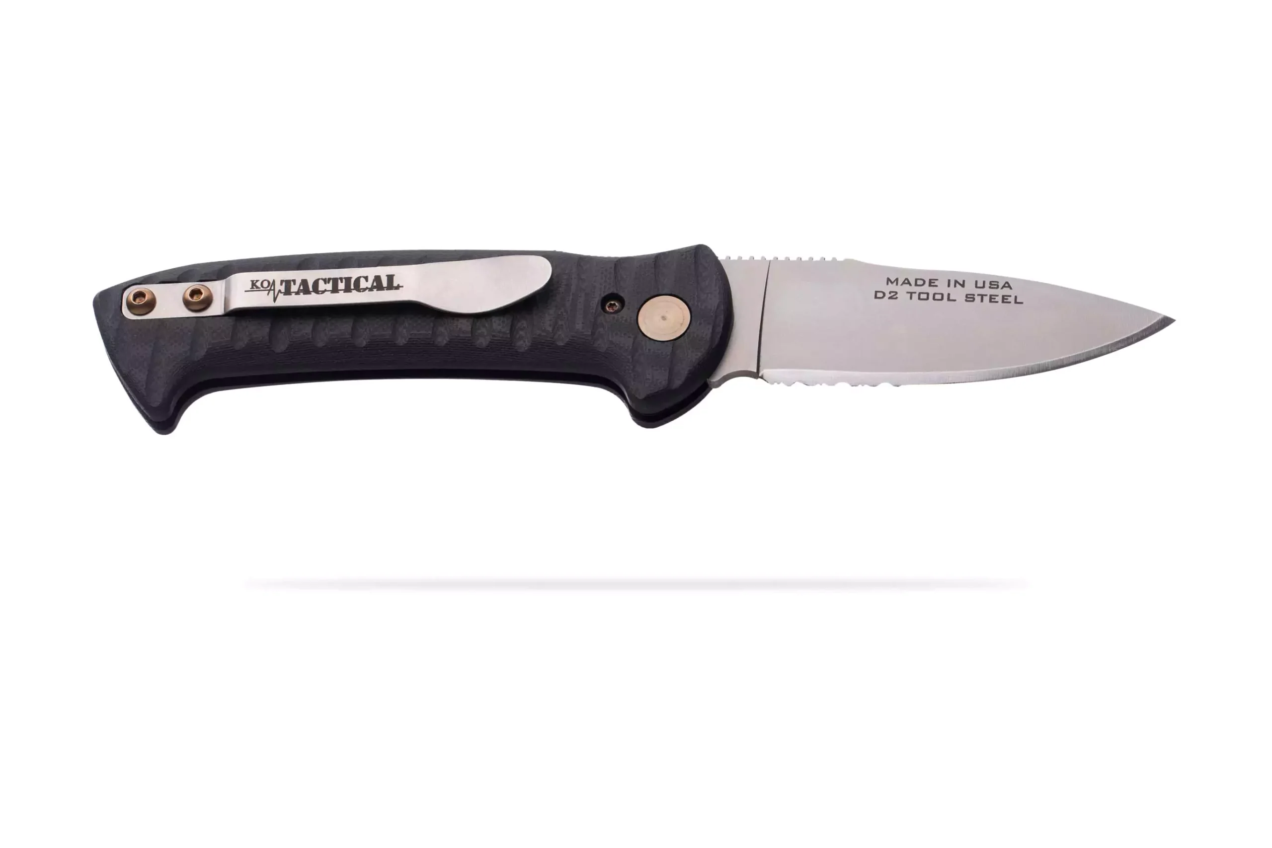Open Strike Force Auto knife with black G10 handle and partially serrated D2 tool steel blade, featuring KOA Tactical clip.