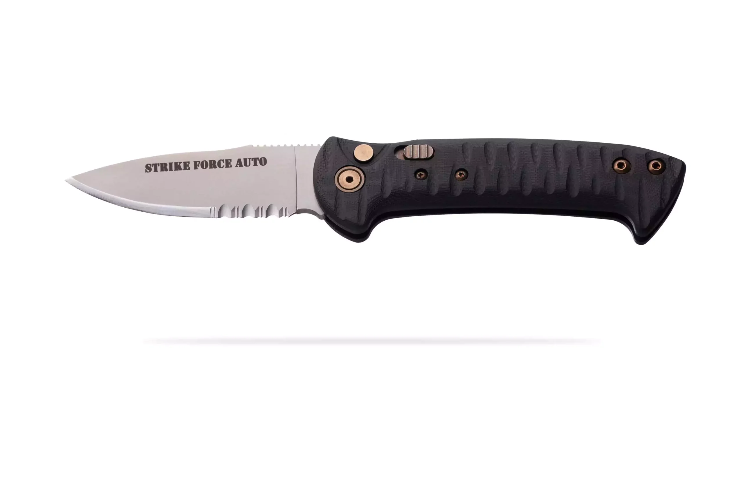 Strike Force Auto knife with black G10 handle and partially serrated blade, shown at an angled view.
