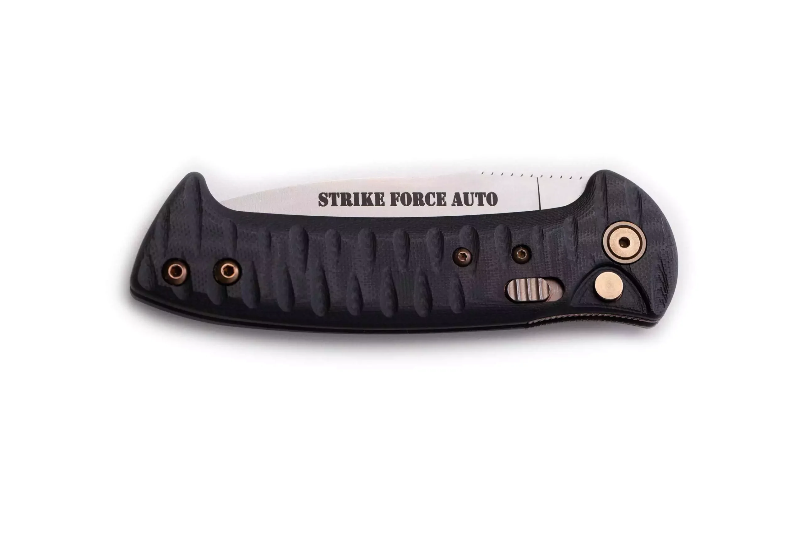Folded Strike Force Auto knife with black G10 handle and partially serrated D2 tool steel blade, KOA Tactical clip visible.