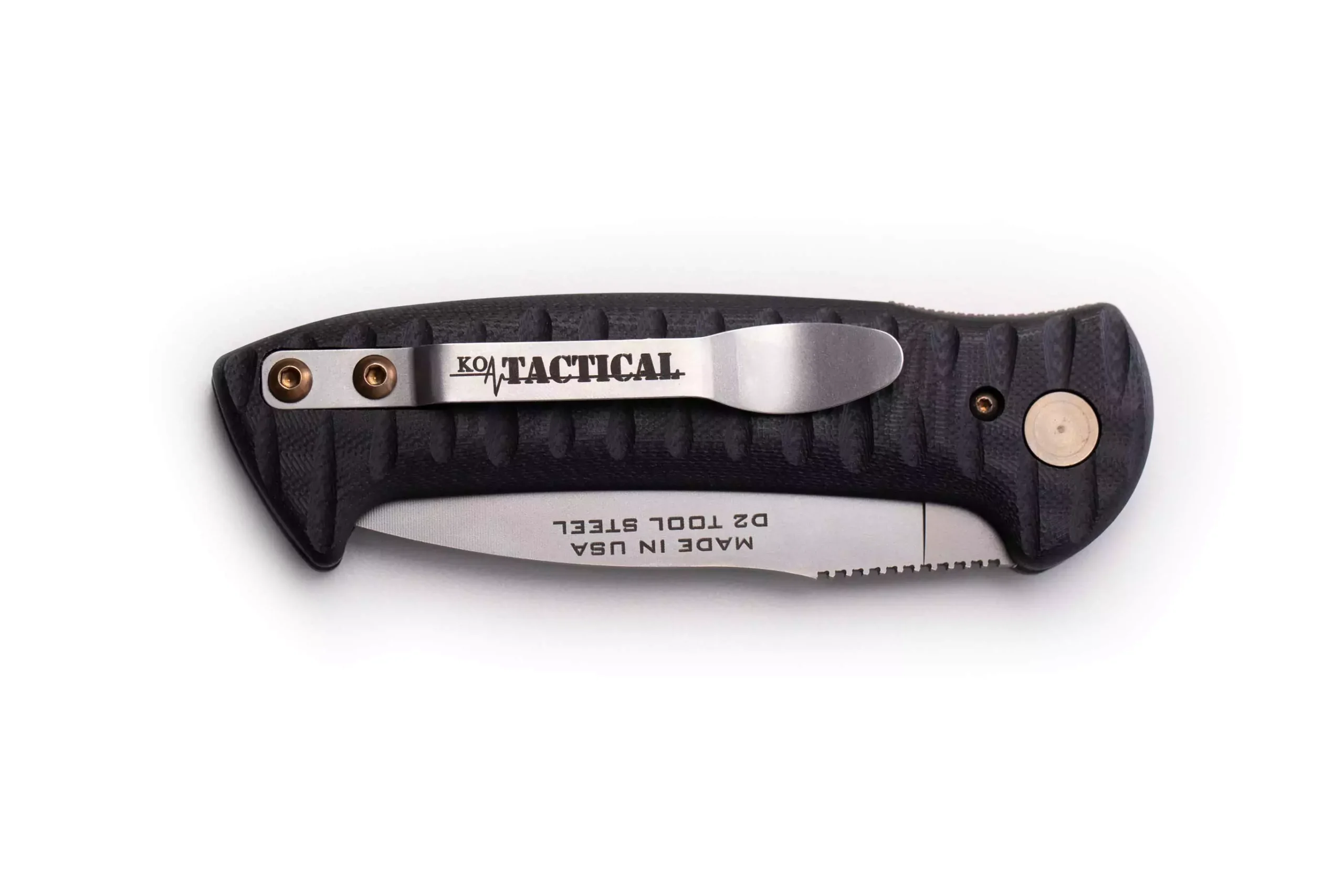 Folded Strike Force Auto knife with black G10 handle and partially serrated D2 tool steel blade, KOA Tactical clip visible.
