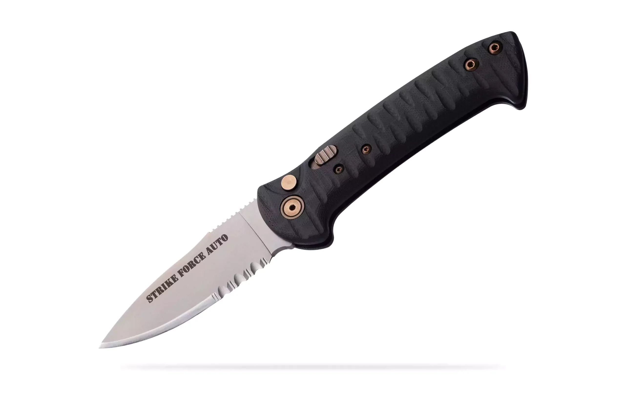 Strike Force Auto knife with black G10 handle and partially serrated blade, shown at an angled view.