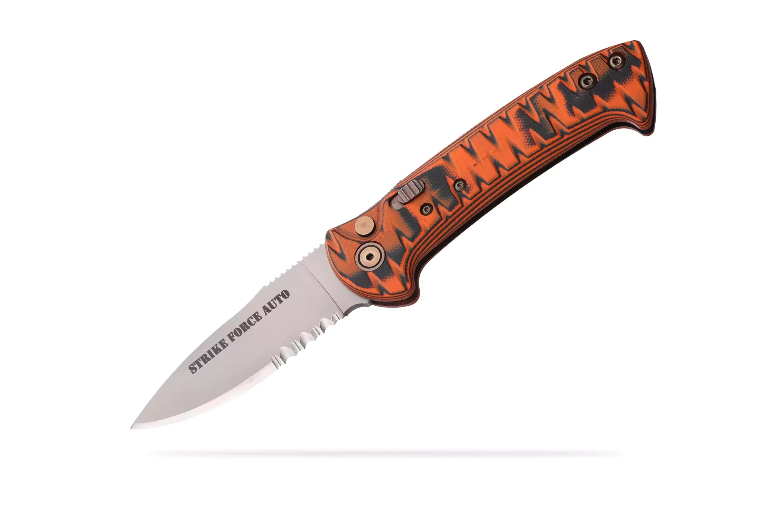 Strike Force Auto knife folded with orange and black G10 handle and partially visible blade.