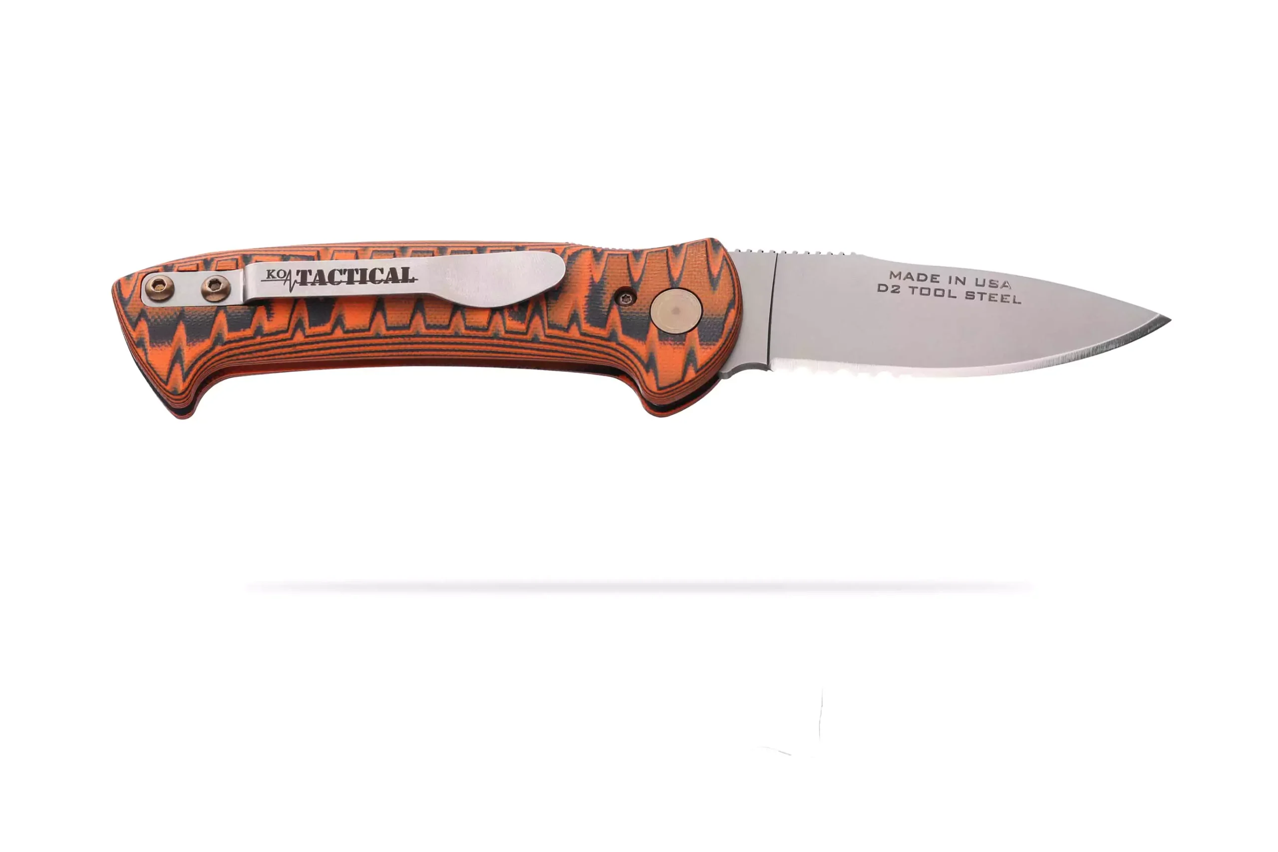 Strike Force Auto knife open with orange and black G10 handle and D2 tool steel blade featuring KOA Tactical clip.
