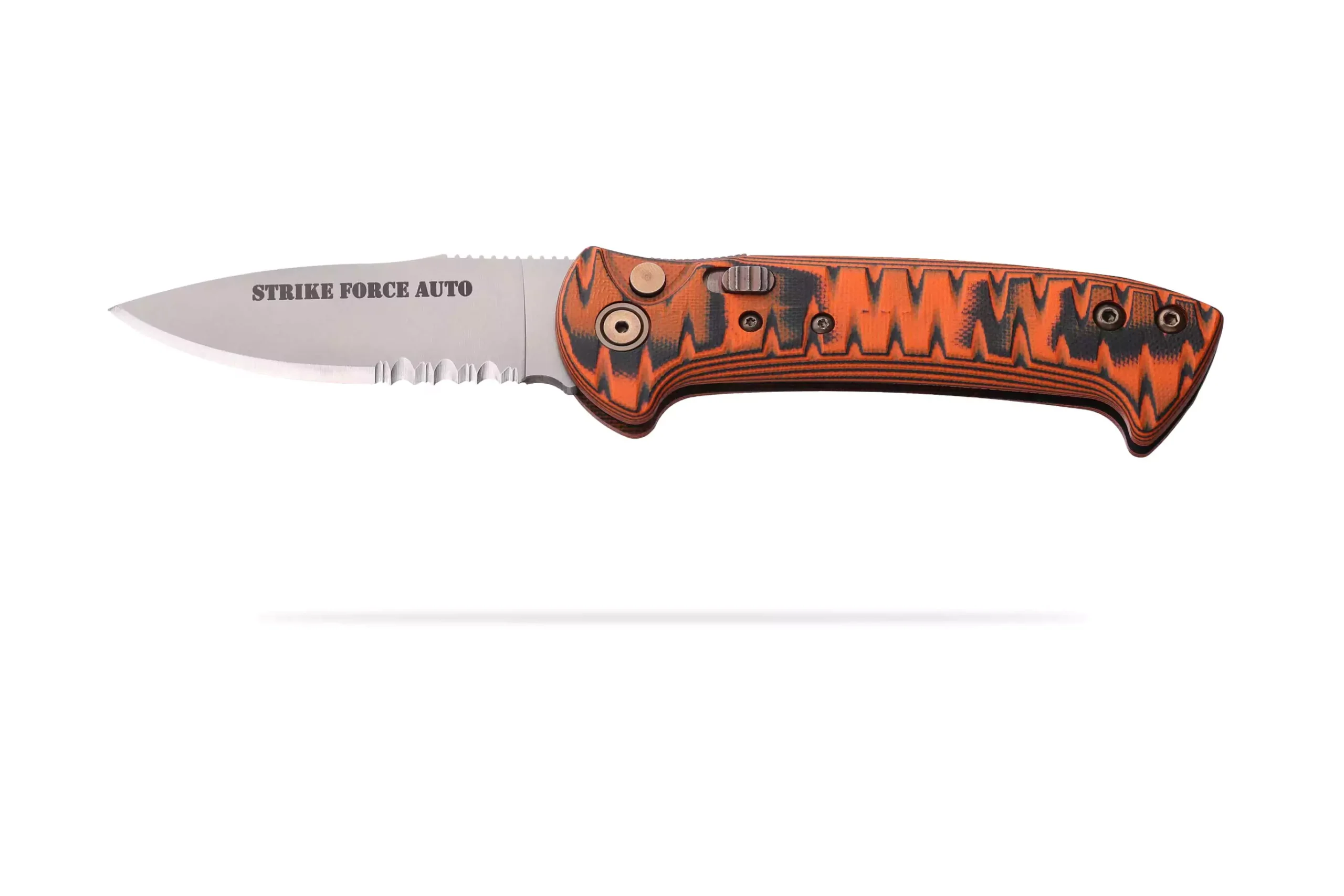 Strike Force Auto knife folded with orange and black G10 handle and partially visible blade.