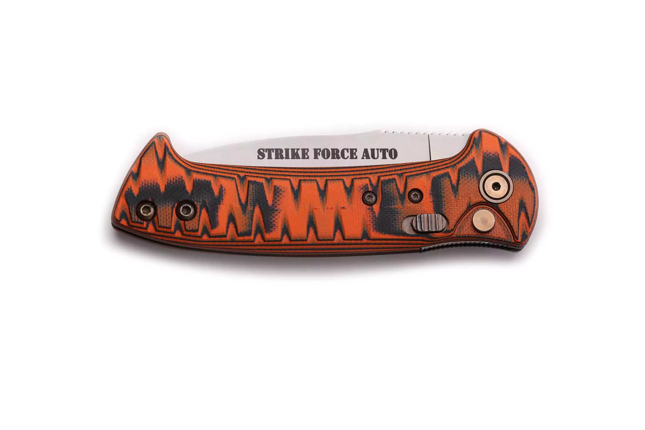 Strike Force Auto knife folded with orange and black G10 handle and partially visible blade.