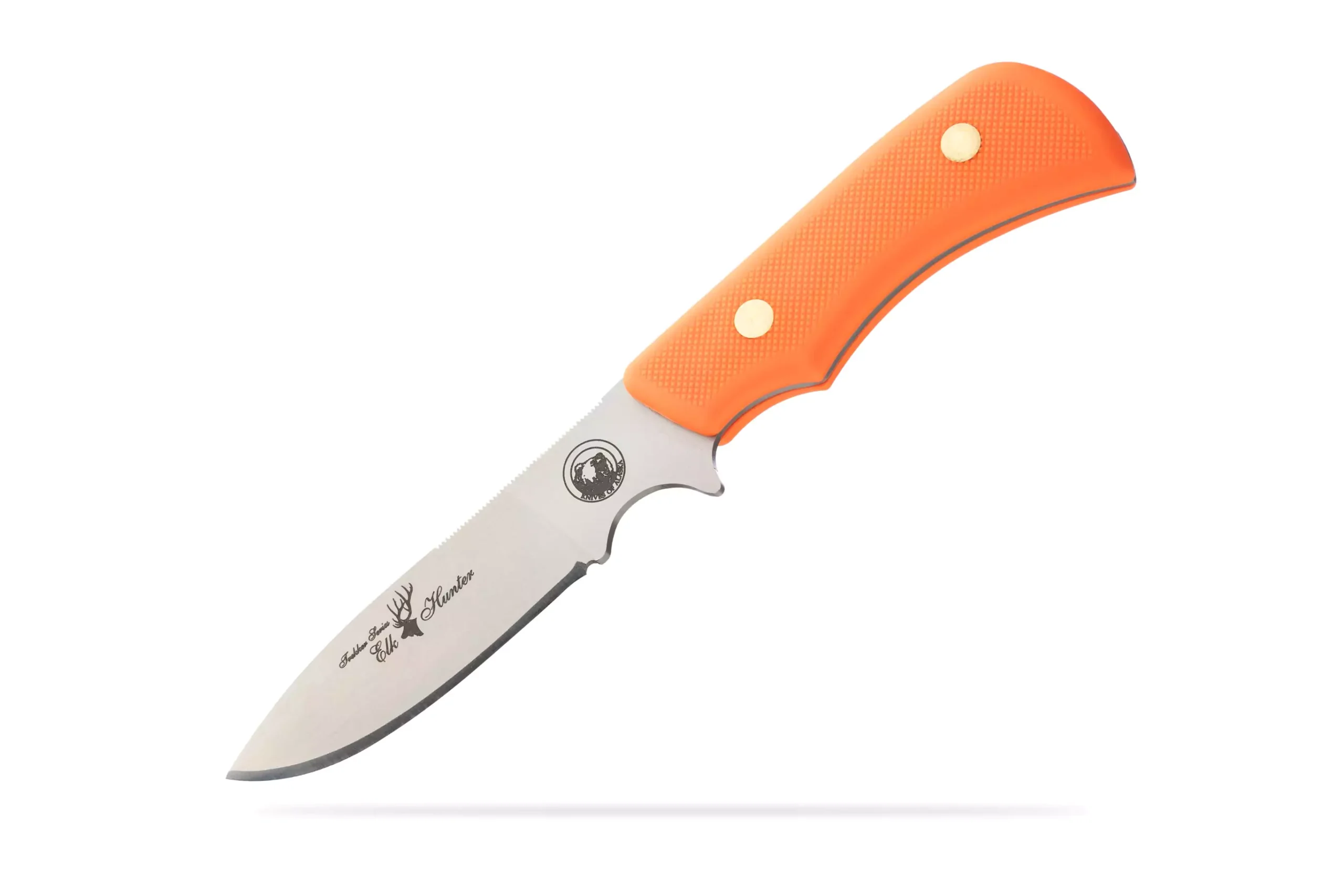 Trekker Elk Hunter knife with orange SureGrip handle and D2 tool steel blade designed for hunting and outdoor use.