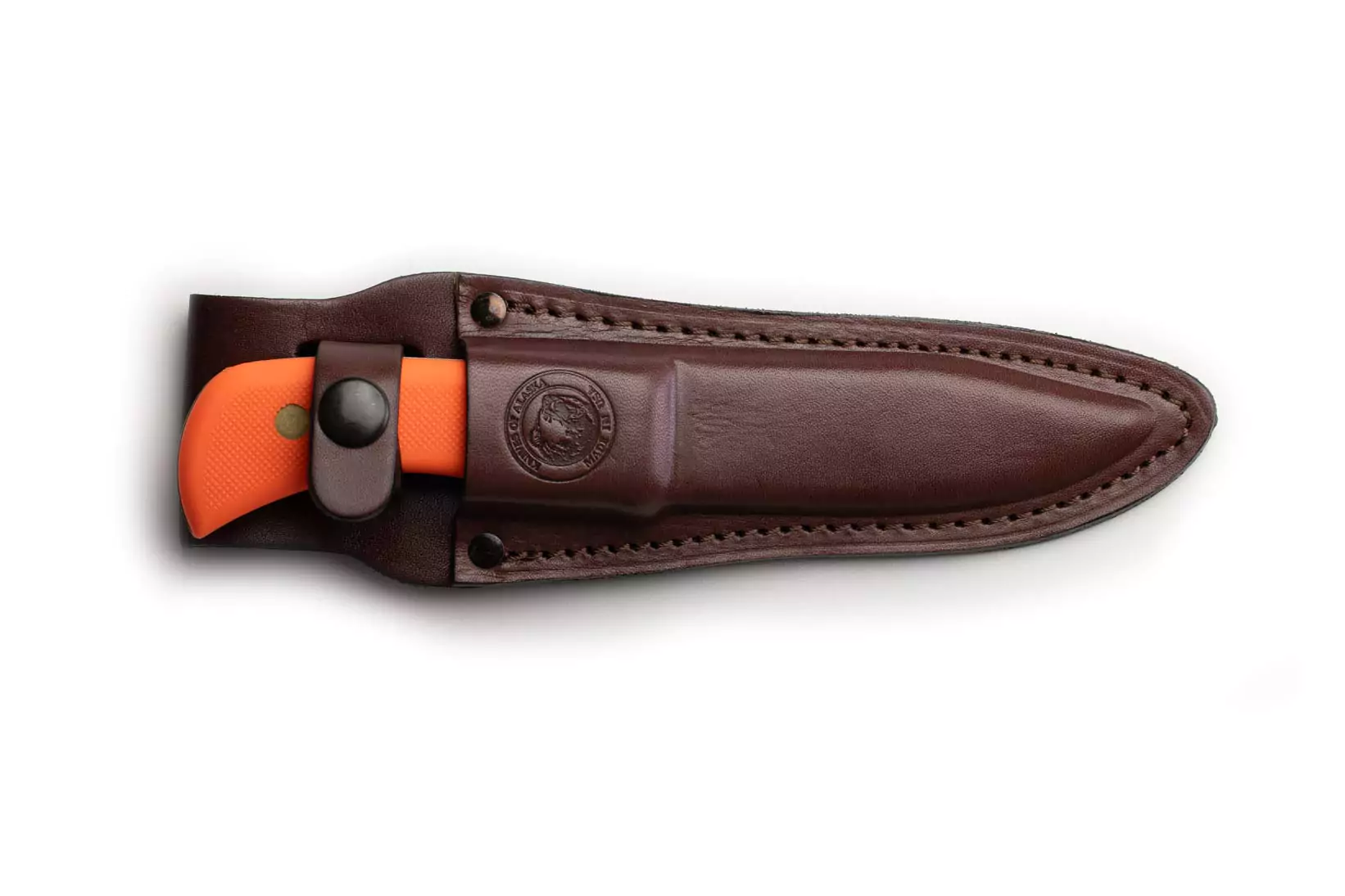 Trekker Elk Hunter knife with orange SureGrip handle and D2 tool steel blade secured in a premium leather sheath.