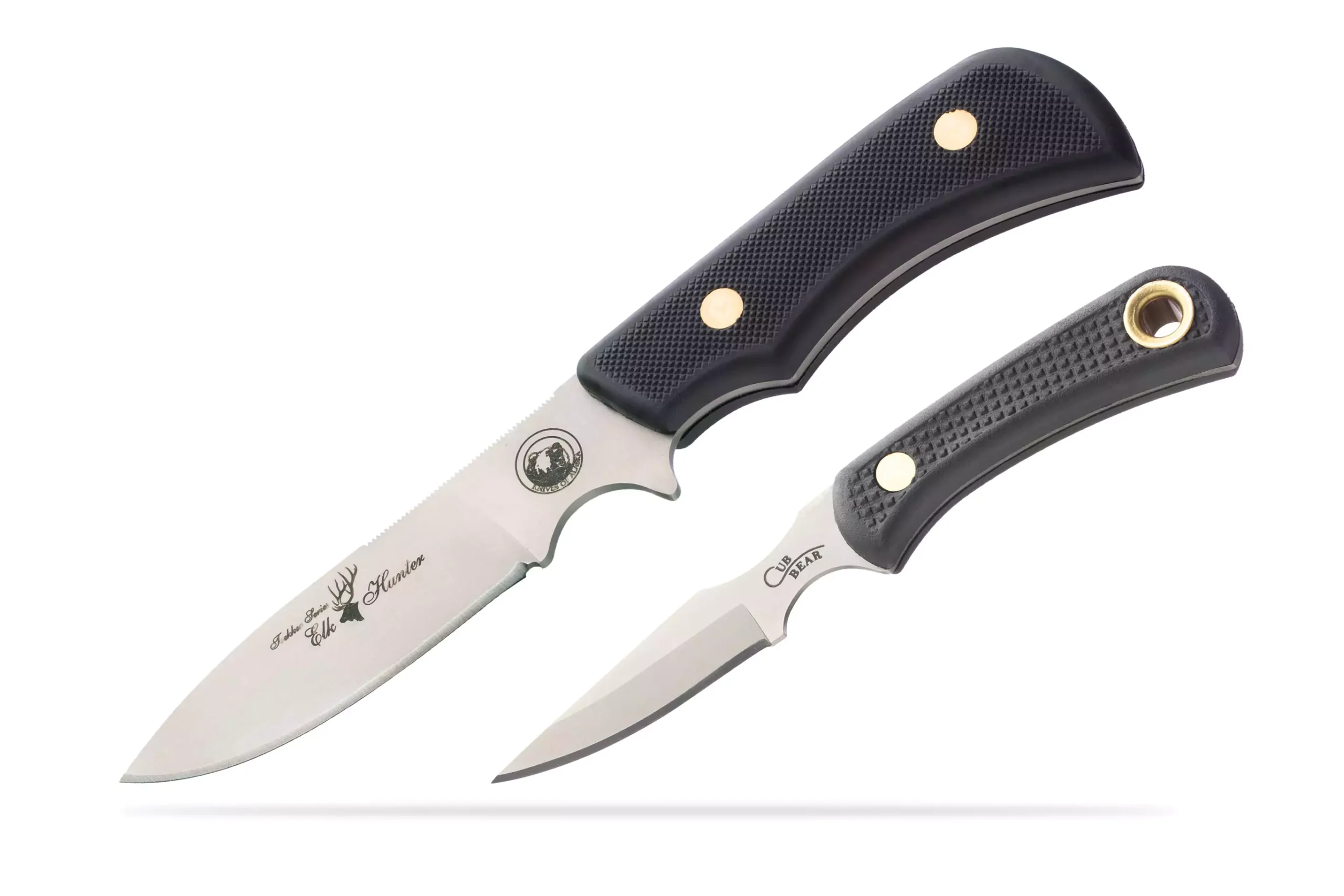 Trekker Elk Hunter and Cub Bear Combo knives with SureGrip handles and D2 tool steel blades displayed side by side.