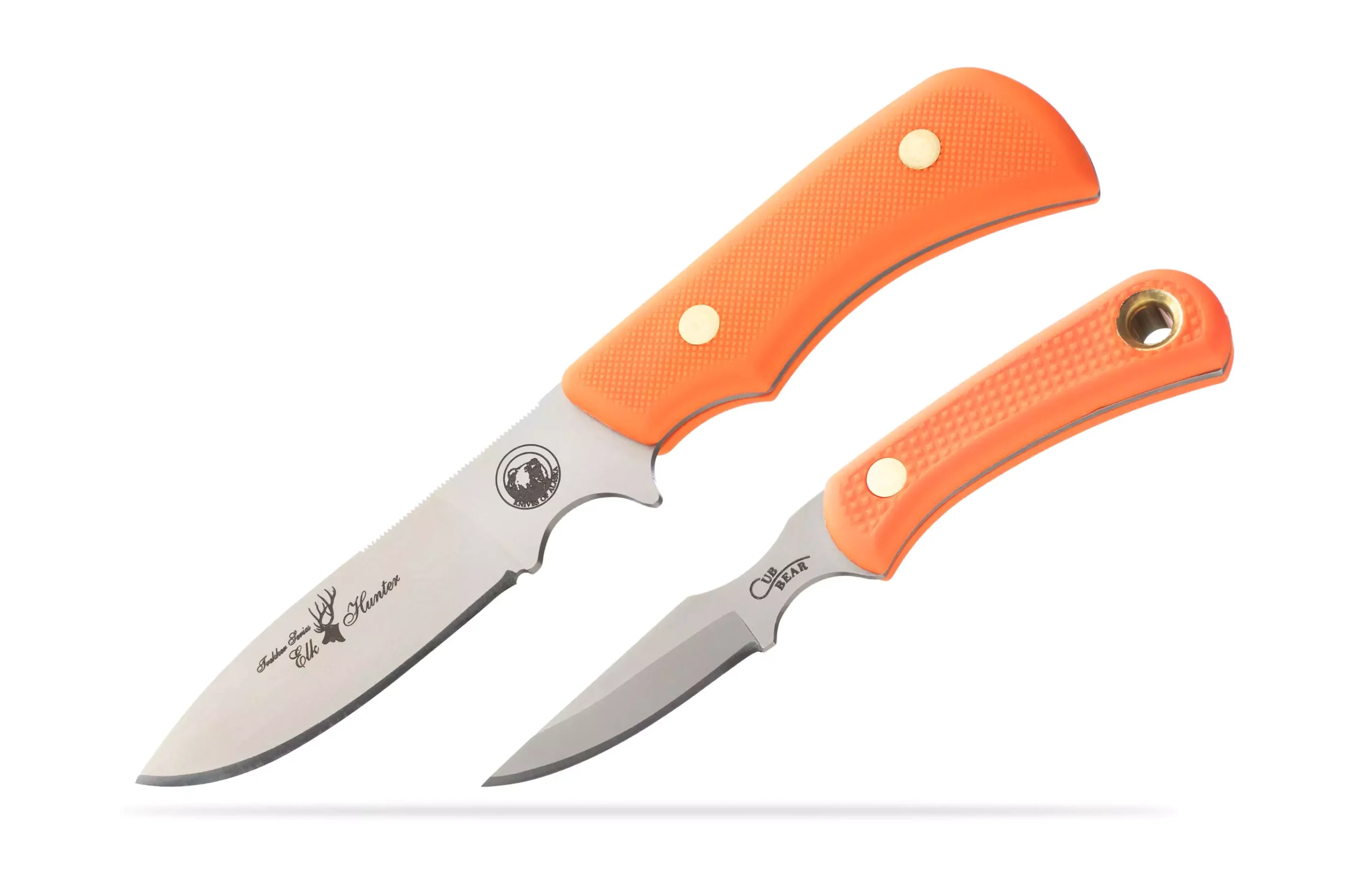 Trekker Elk Hunter and Cub Bear Combo knives with SureGrip handles and D2 tool steel blades displayed side by side.