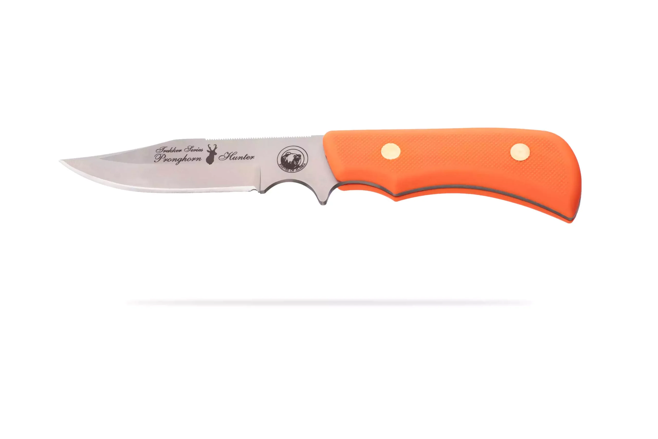 Trekker Pronghorn Hunter knife with orange Suregrip handle.