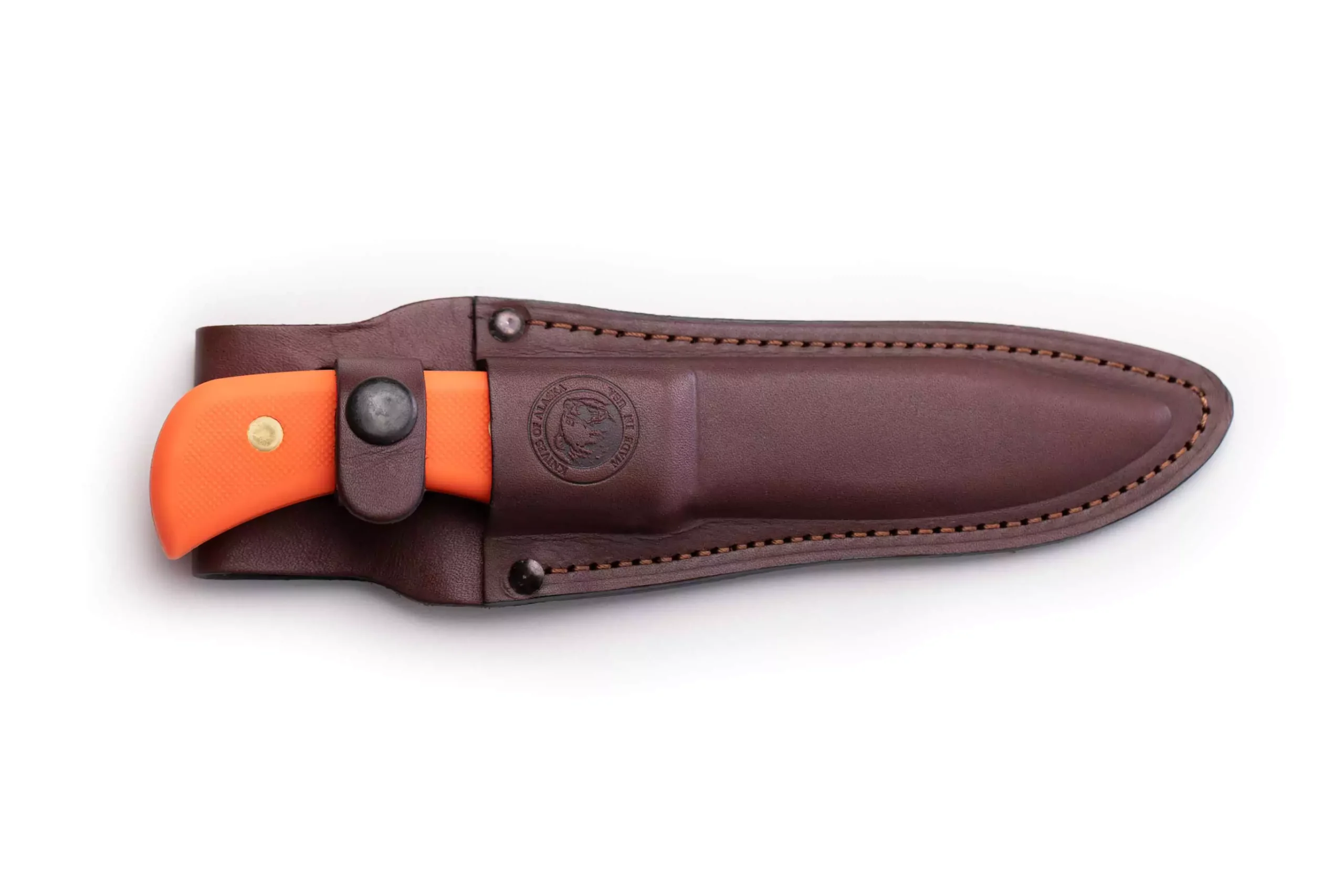Trekker Pronghorn Hunter knife with orange Suregrip handle secured in a brown leather sheath.