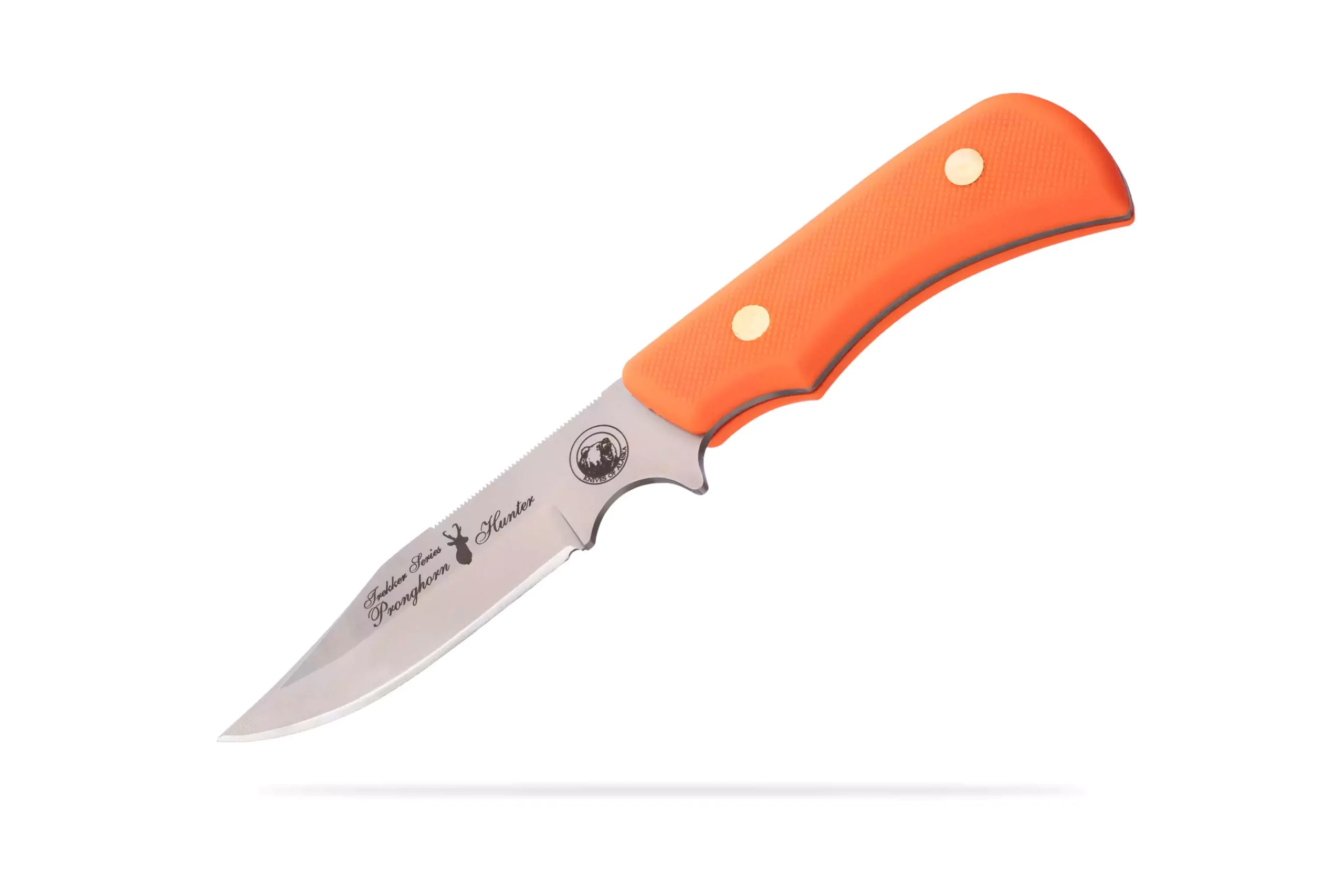 Trekker Pronghorn Hunter knife with orange Suregrip handle.