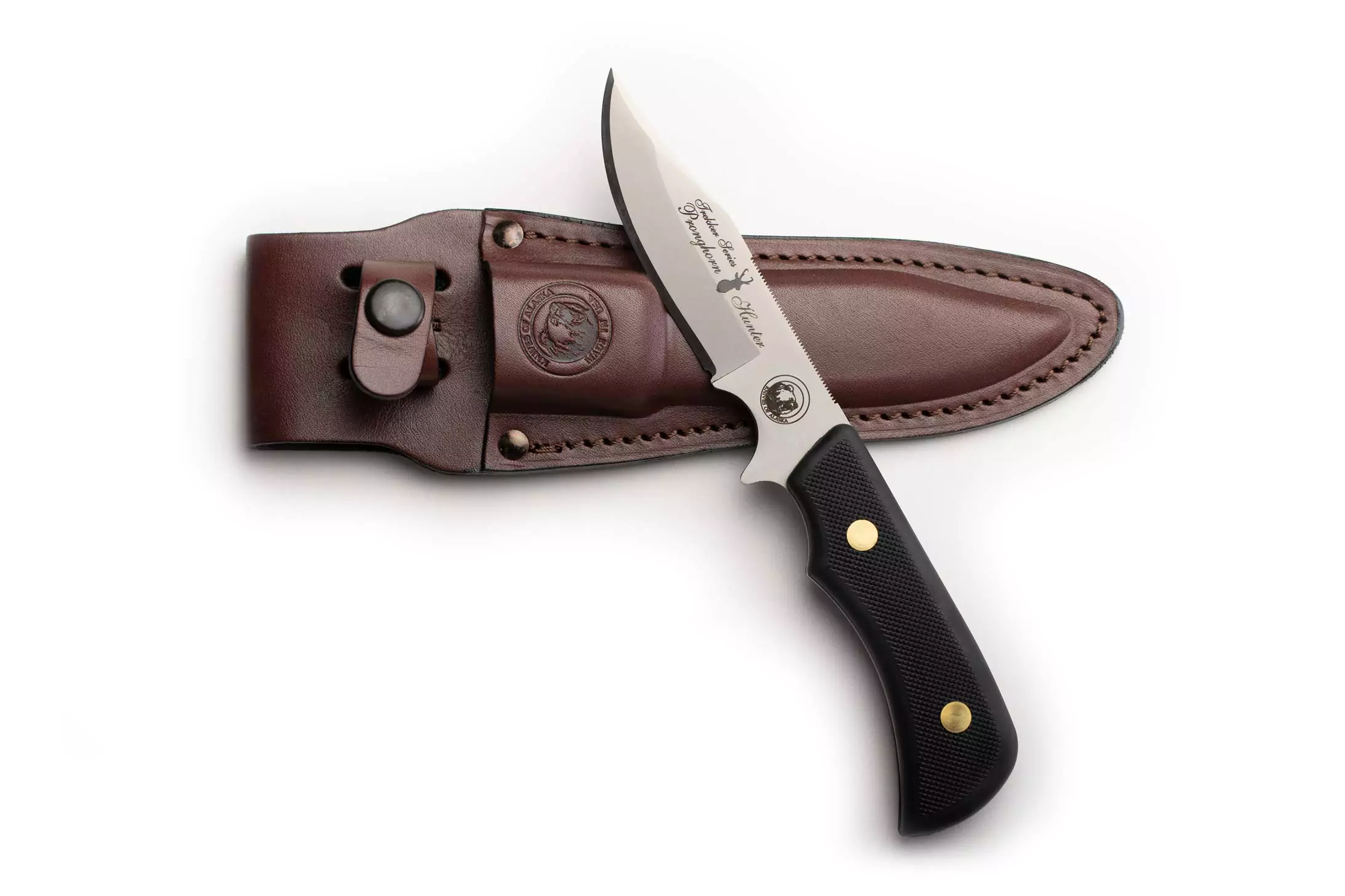 Trekker Pronghorn Hunter knife with Suregrip black handle and brown leather sheath.