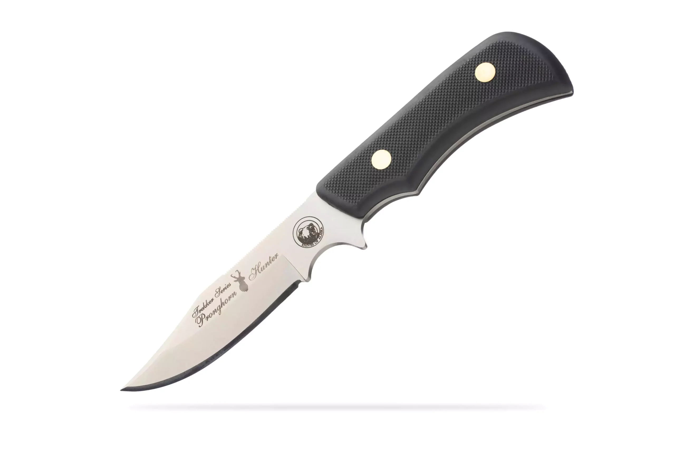 Trekker Pronghorn Hunter knife with Suregrip black handle, featuring a precision blade and brass pins.