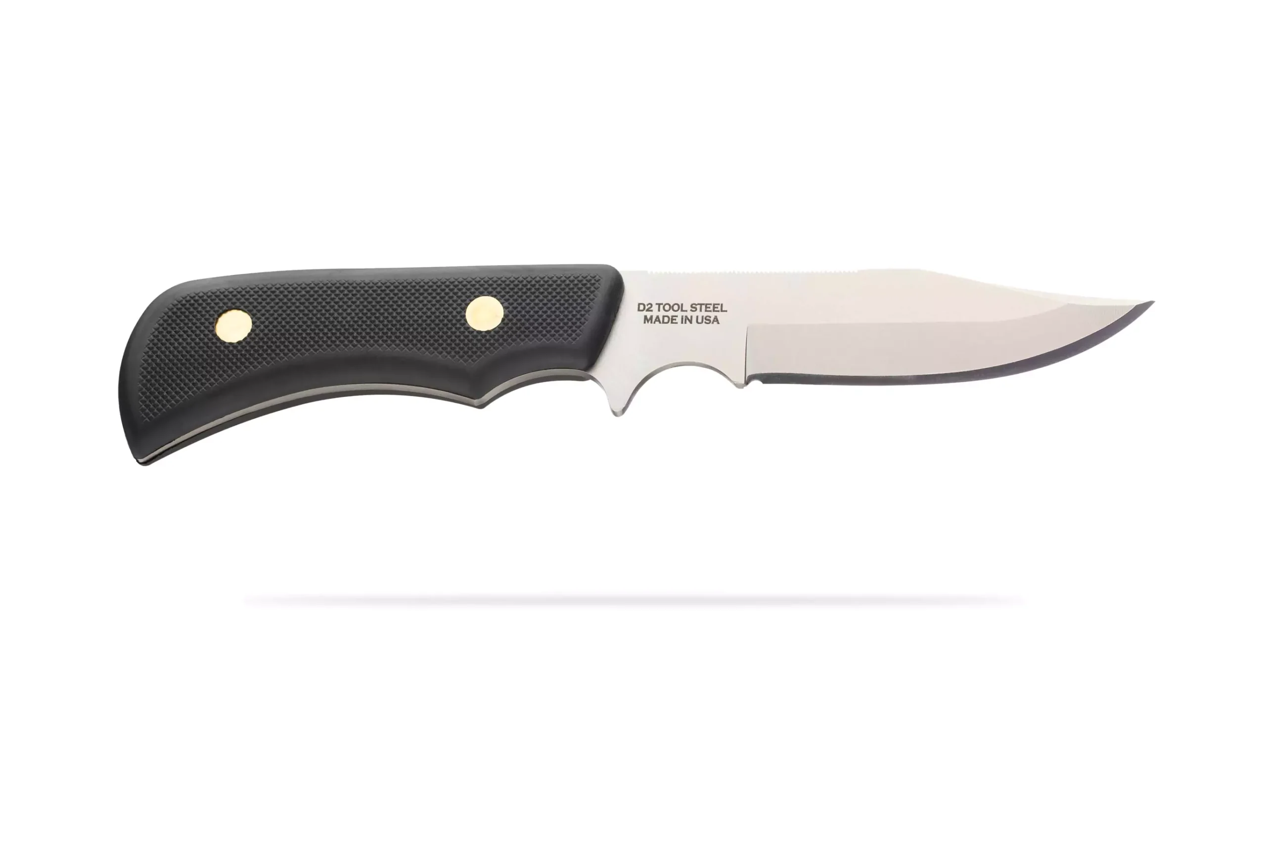 Trekker Pronghorn Hunter knife, Suregrip black handle, reverse view showing D2 Tool Steel Made in USA stamp.