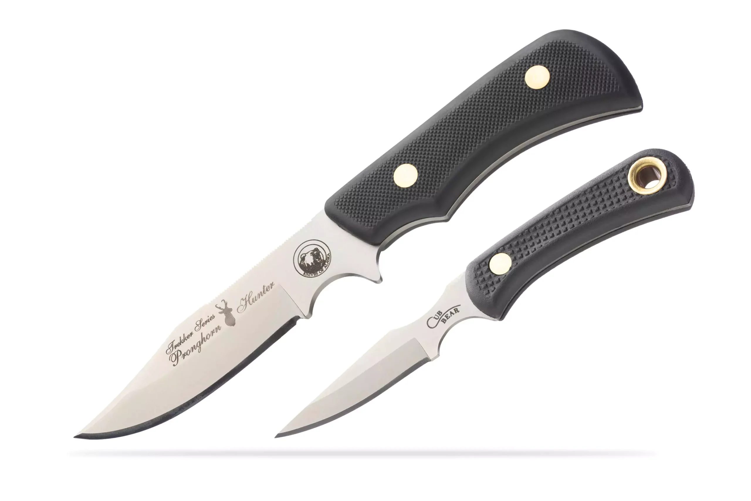 Trekker Pronghorn Hunter and Cub Bear knives with Suregrip handles displayed side by side on a white background.