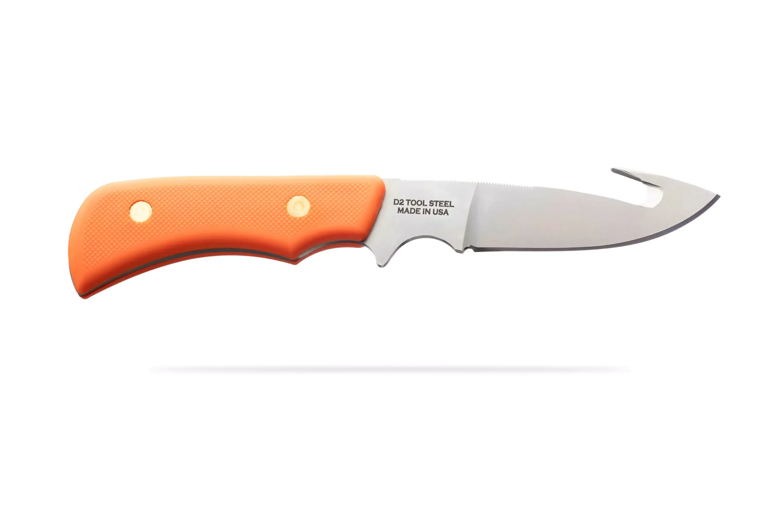 Trekker Whitetail hunting knife with orange Suregrip handle on a white background.