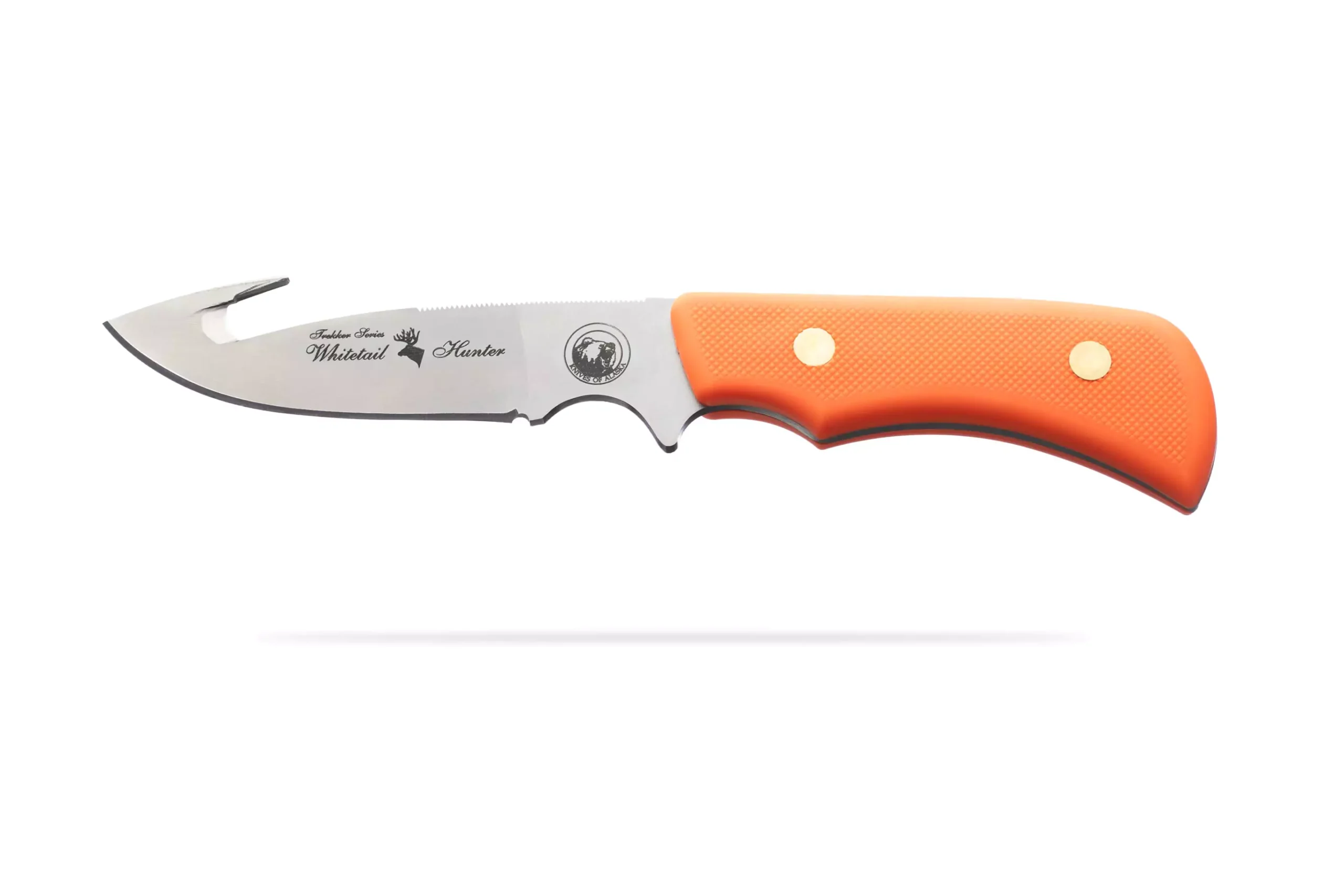 Trekker Whitetail hunting knife with orange Suregrip handle on a white background.